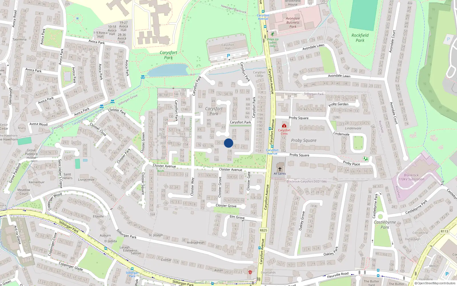 Overhead map showing the location of 31 Carysfort Park, Blackrock, Dublin