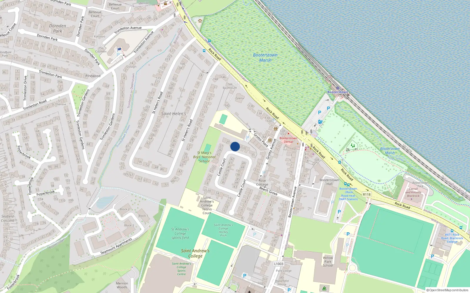 Overhead map showing the location of 31 Castle Court, Booterstown