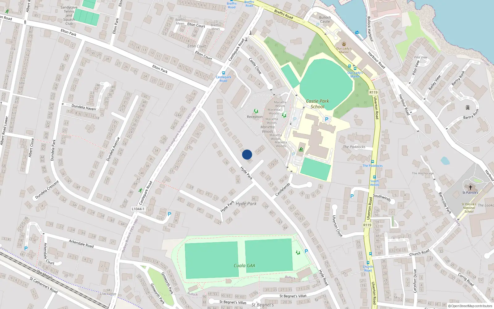 Overhead map showing the location of 31 Castlelands, Hyde Road, Dalkey