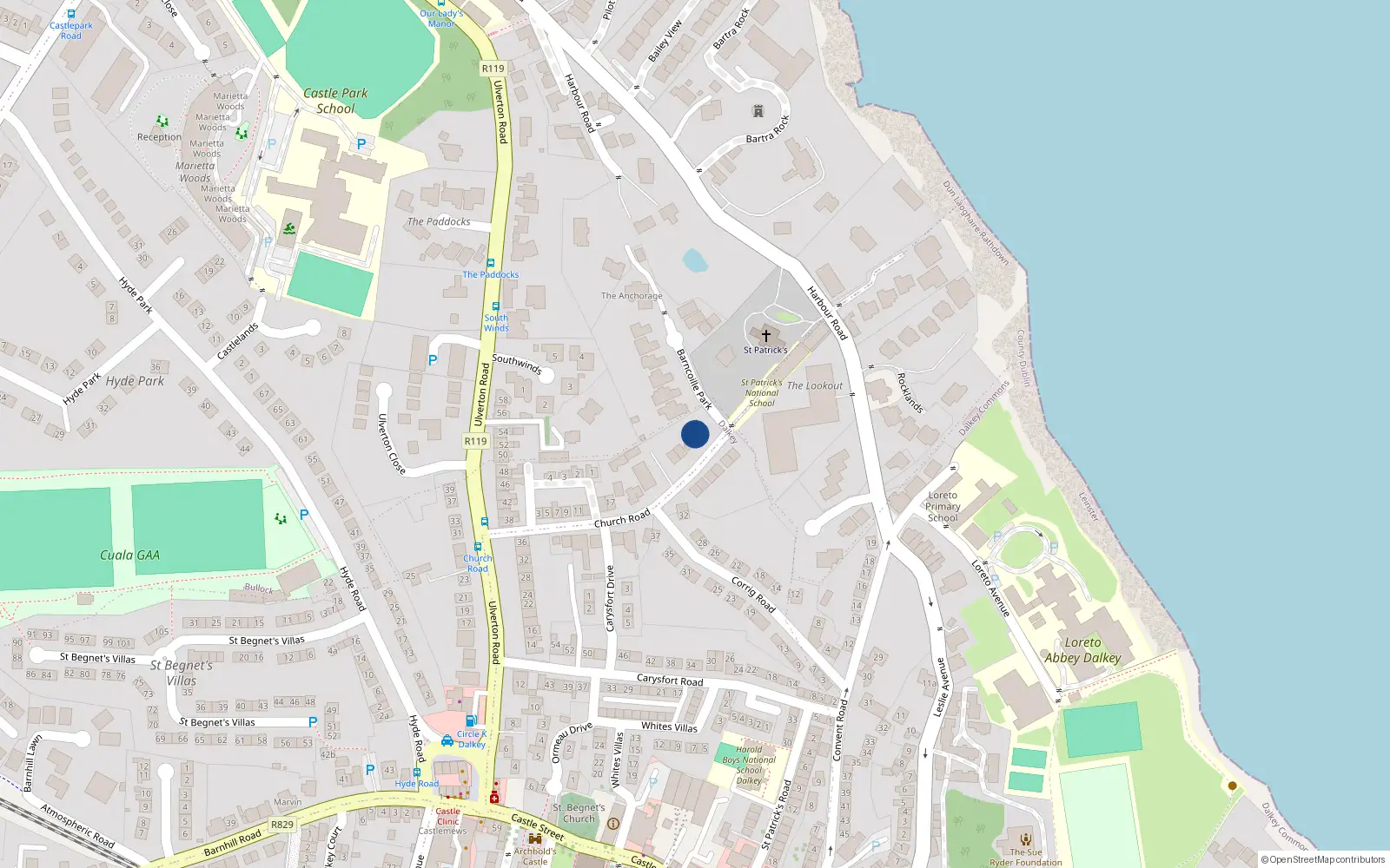Overhead map showing the location of 31 Church Road, Dalkey