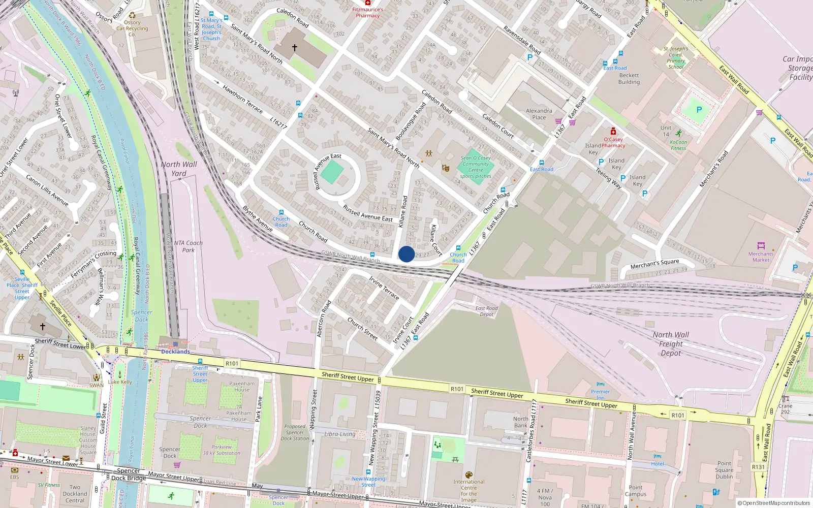 Overhead map showing the location of 31 Church Road, East Wall, Dublin 3