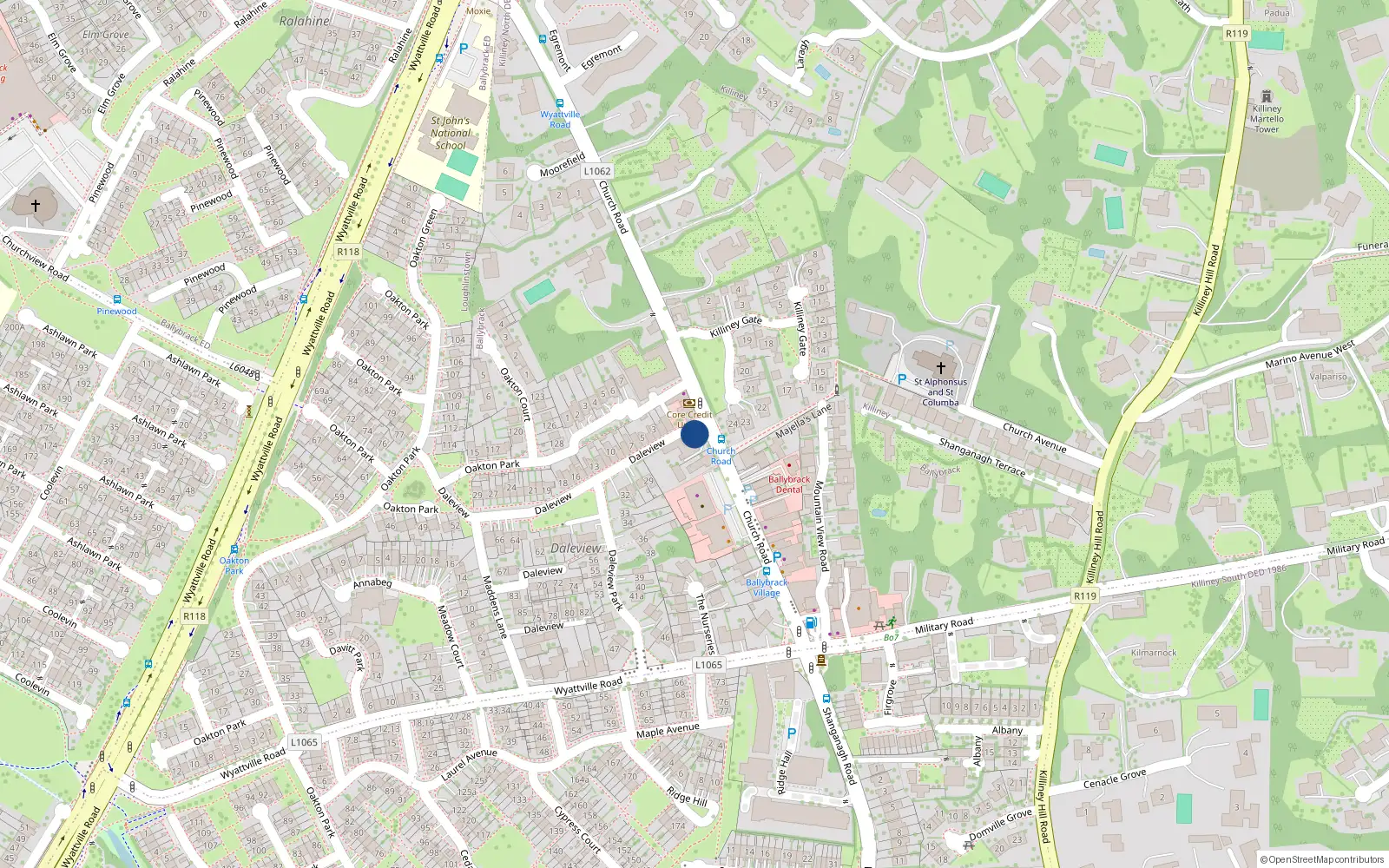 Overhead map showing the location of 31 Church Road, Ballybrack Co Dublin
