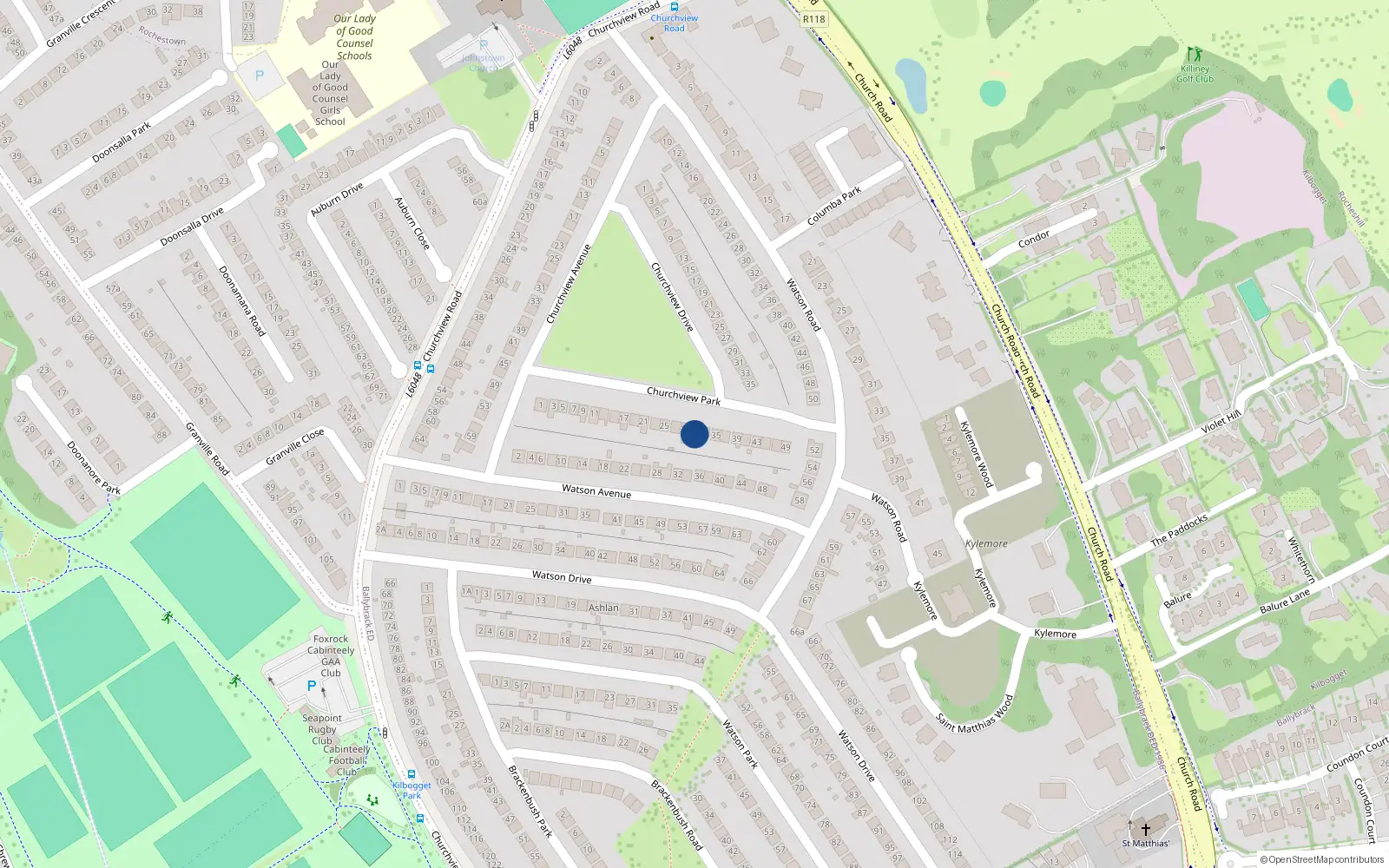 Overhead map showing the location of 31 Churchview Park, Killiney