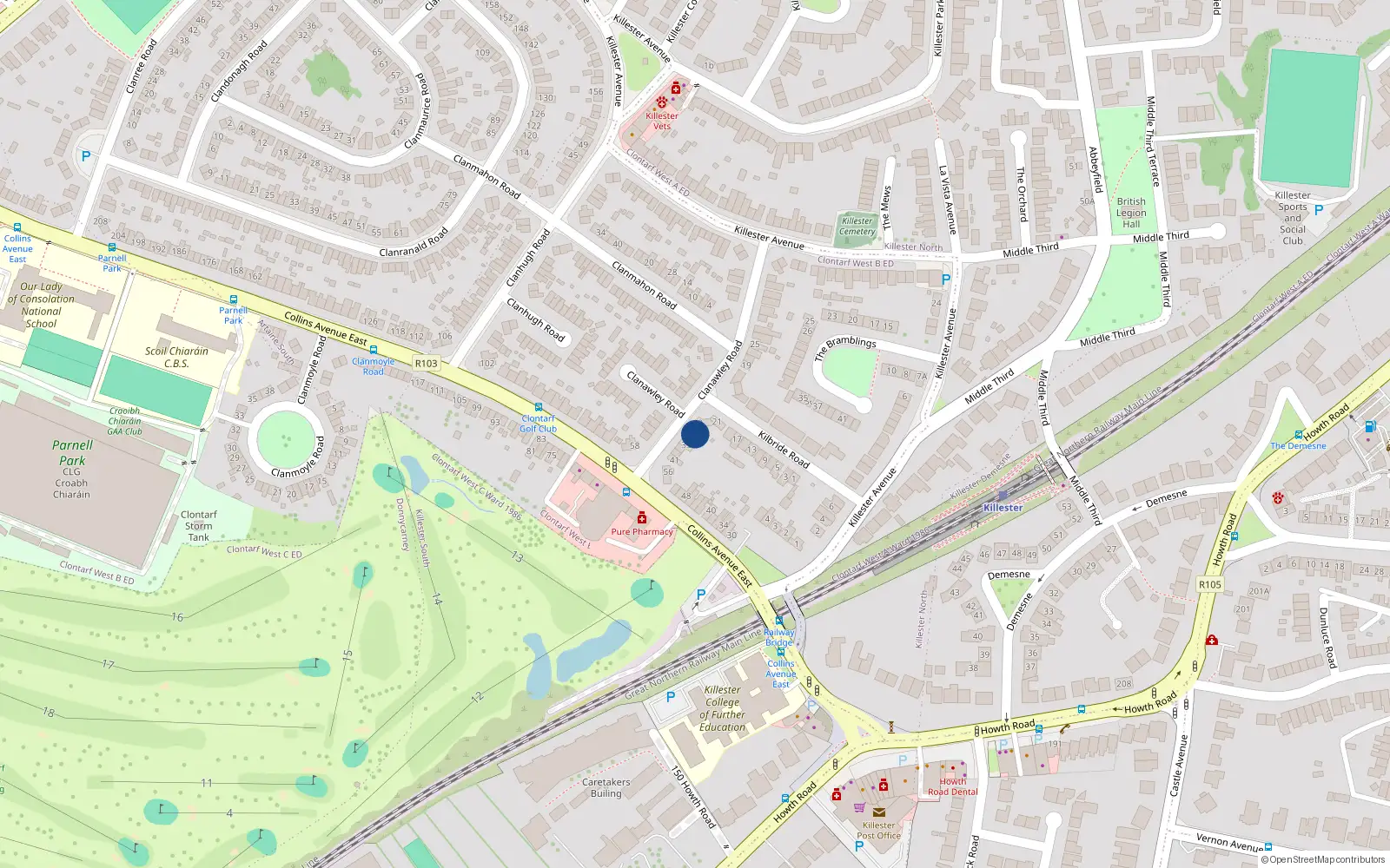 Overhead map showing the location of 31 Clanawley Road, Dublin 5