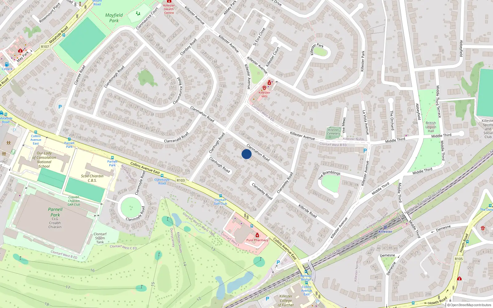 Overhead map showing the location of 31 Clanmahon Road, Donnycarney, Dublin