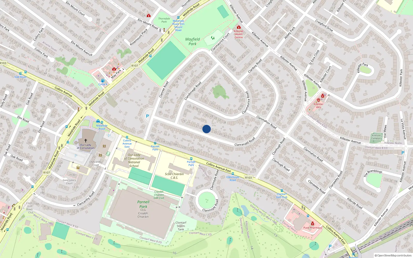 Overhead map showing the location of 31 Clanranald Road, Dublin 5