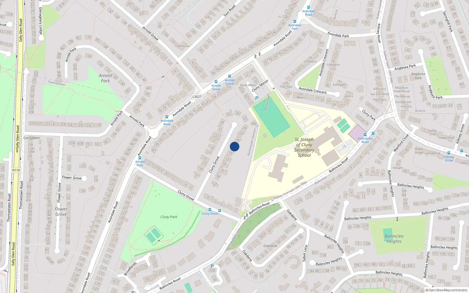 Overhead map showing the location of 31 Cluny Grove, Killiney