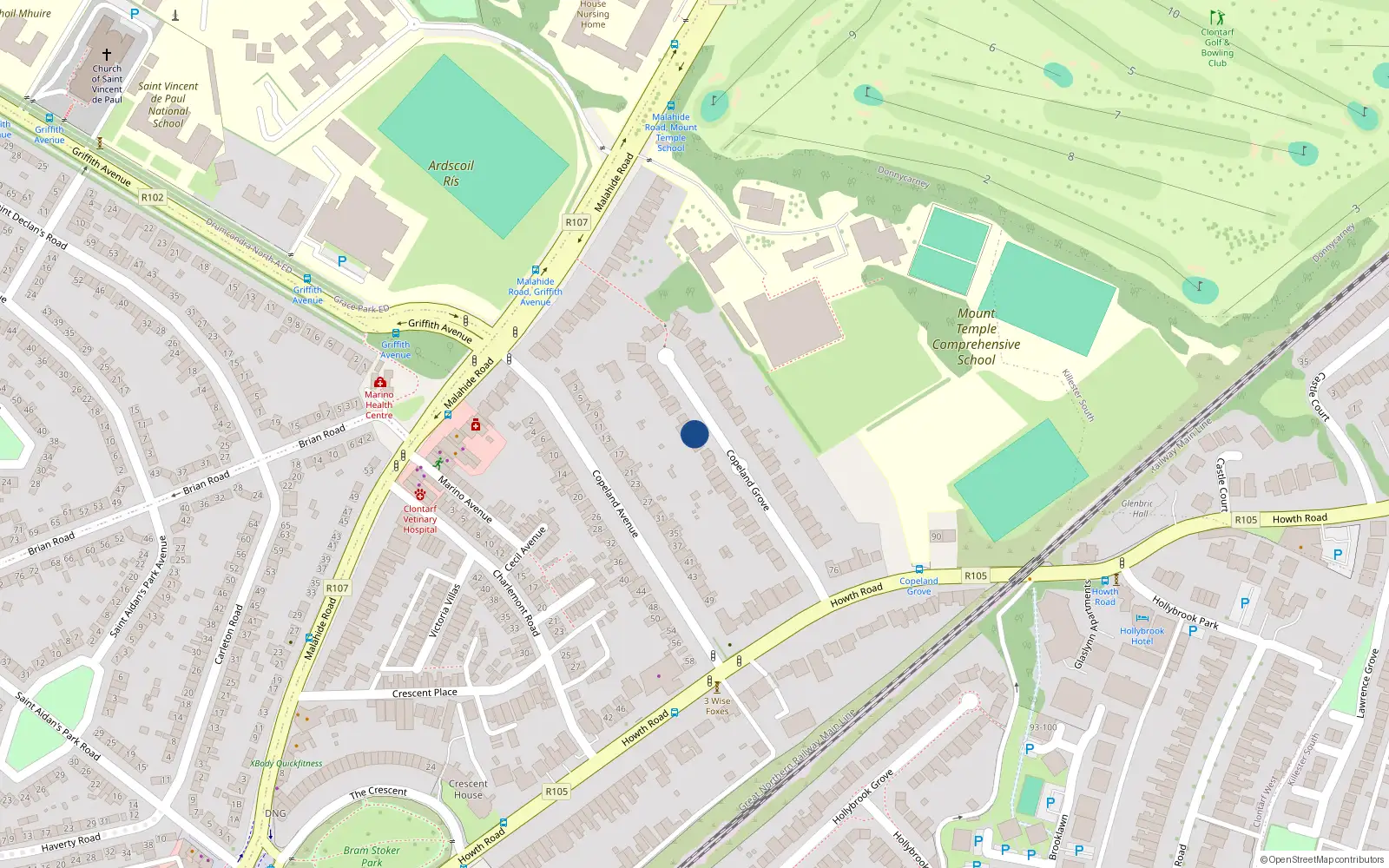 Overhead map showing the location of 31 Copeland Grove, Dublin 3