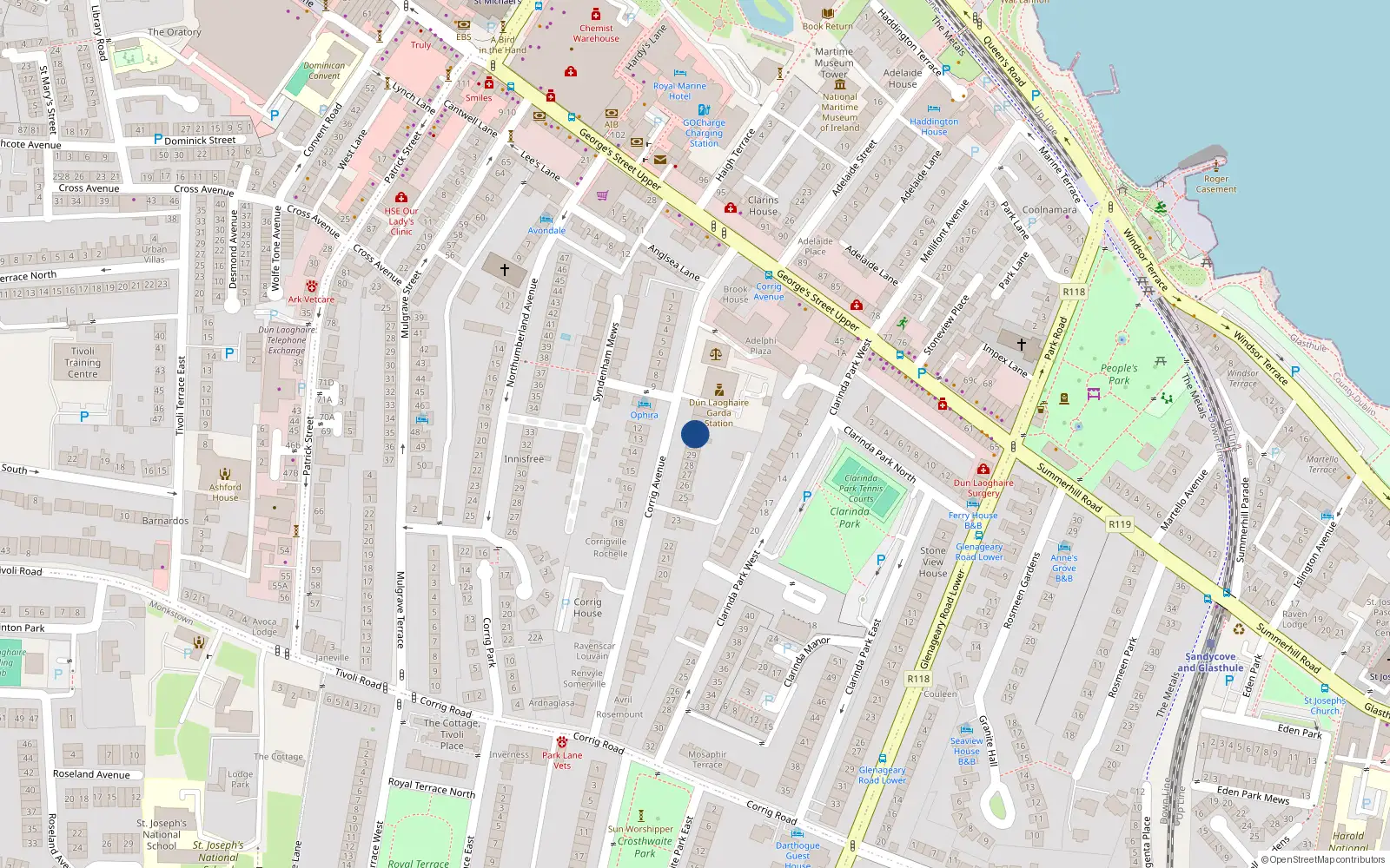 Overhead map showing the location of 31 Corrig Avenue, Dublin