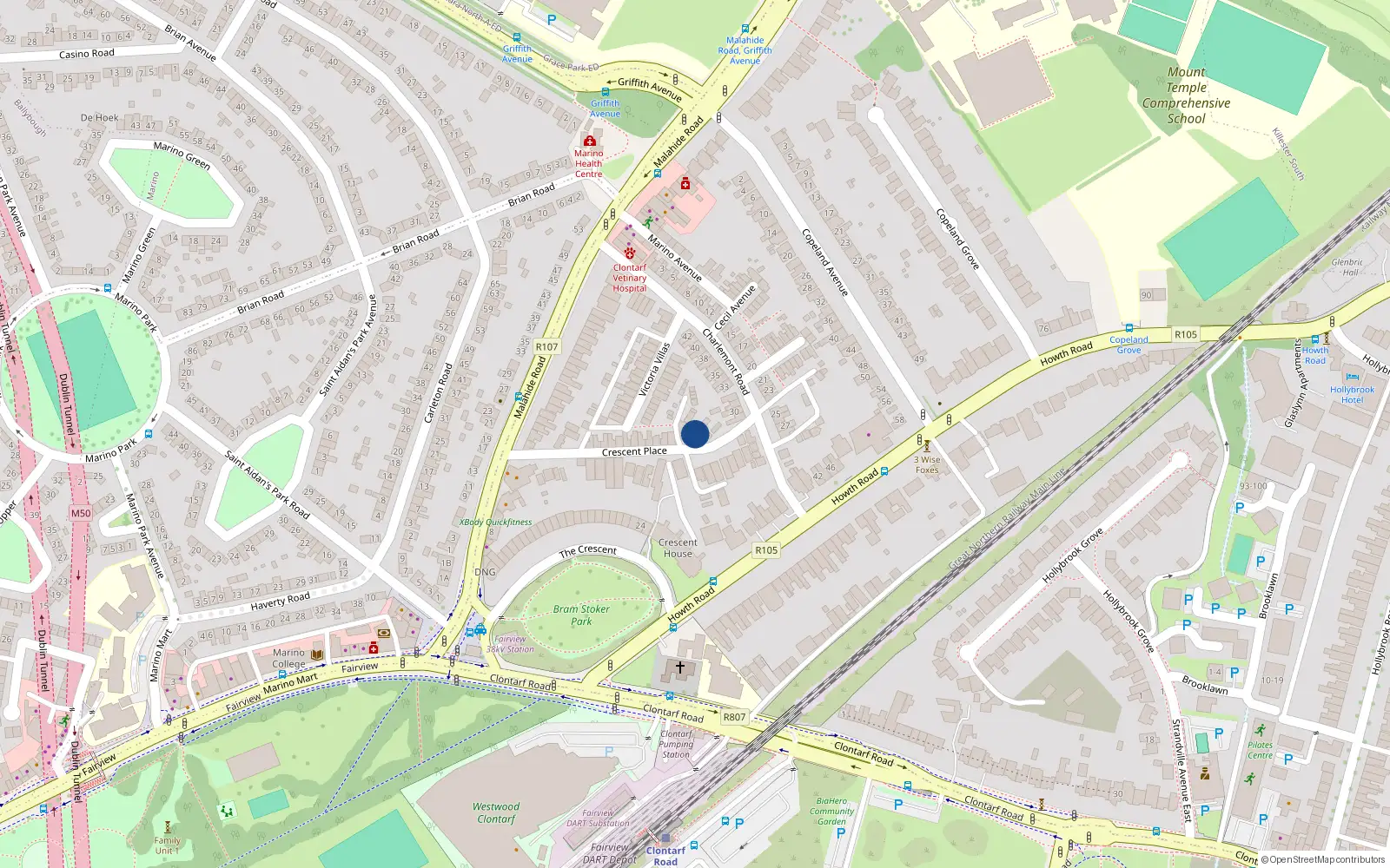 Overhead map showing the location of 31 Crescent Place, Clontarf, Dublin 3