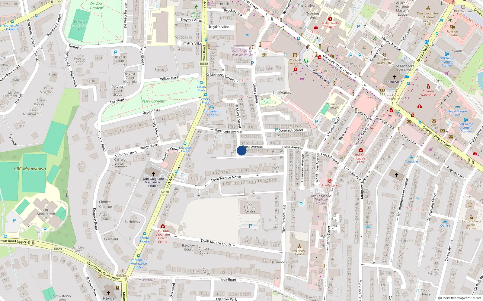 Overhead map showing the location of 31 Cross Avenue, Dun Laoghaire, County Dublin