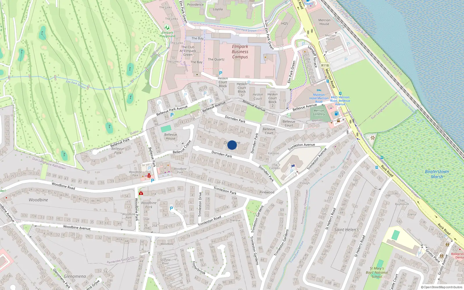 Overhead map showing the location of 31 Dornden Park, Booterstown, Dublin