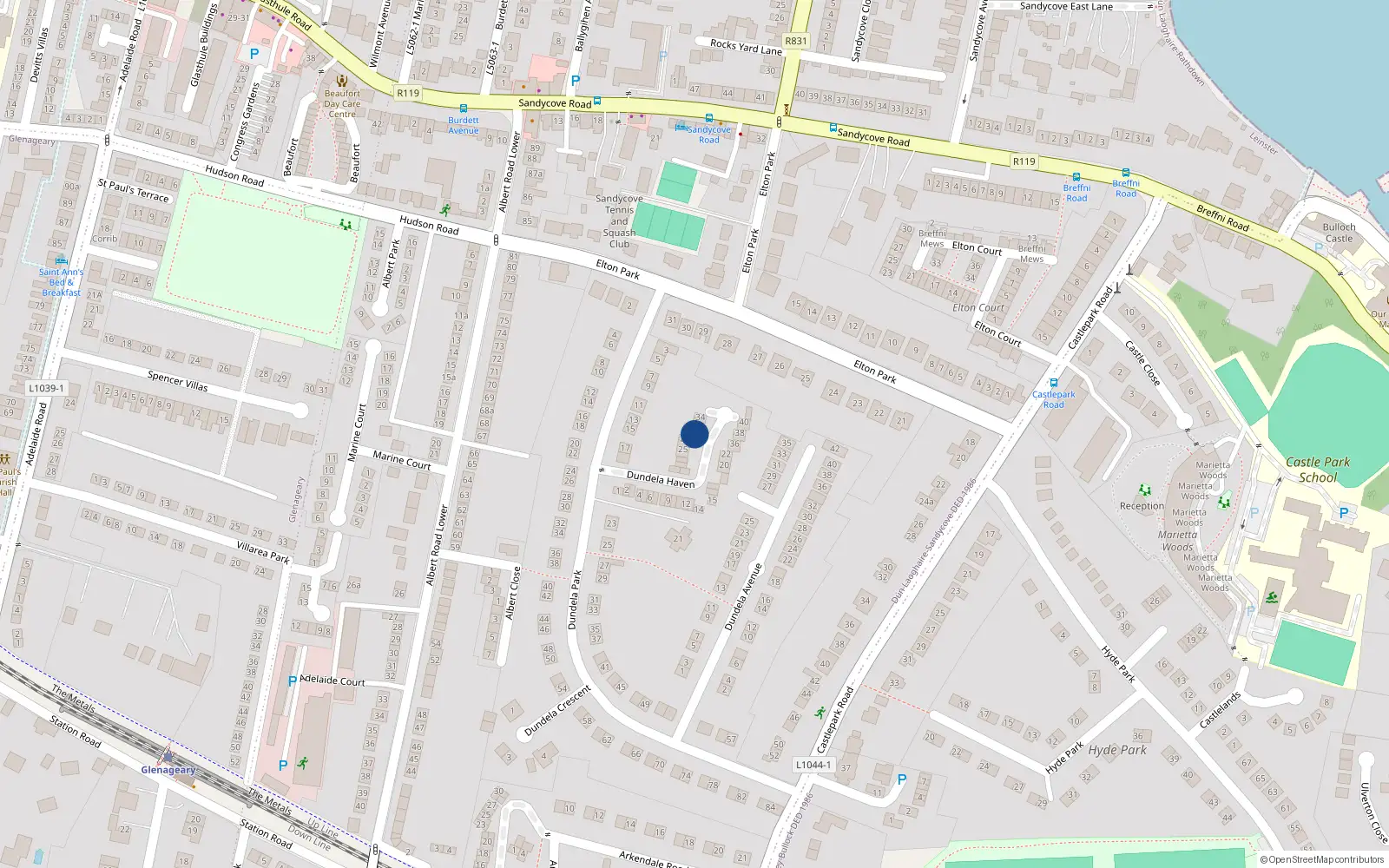 Overhead map showing the location of 31 Dundela Haven, Sandycove, Dublin