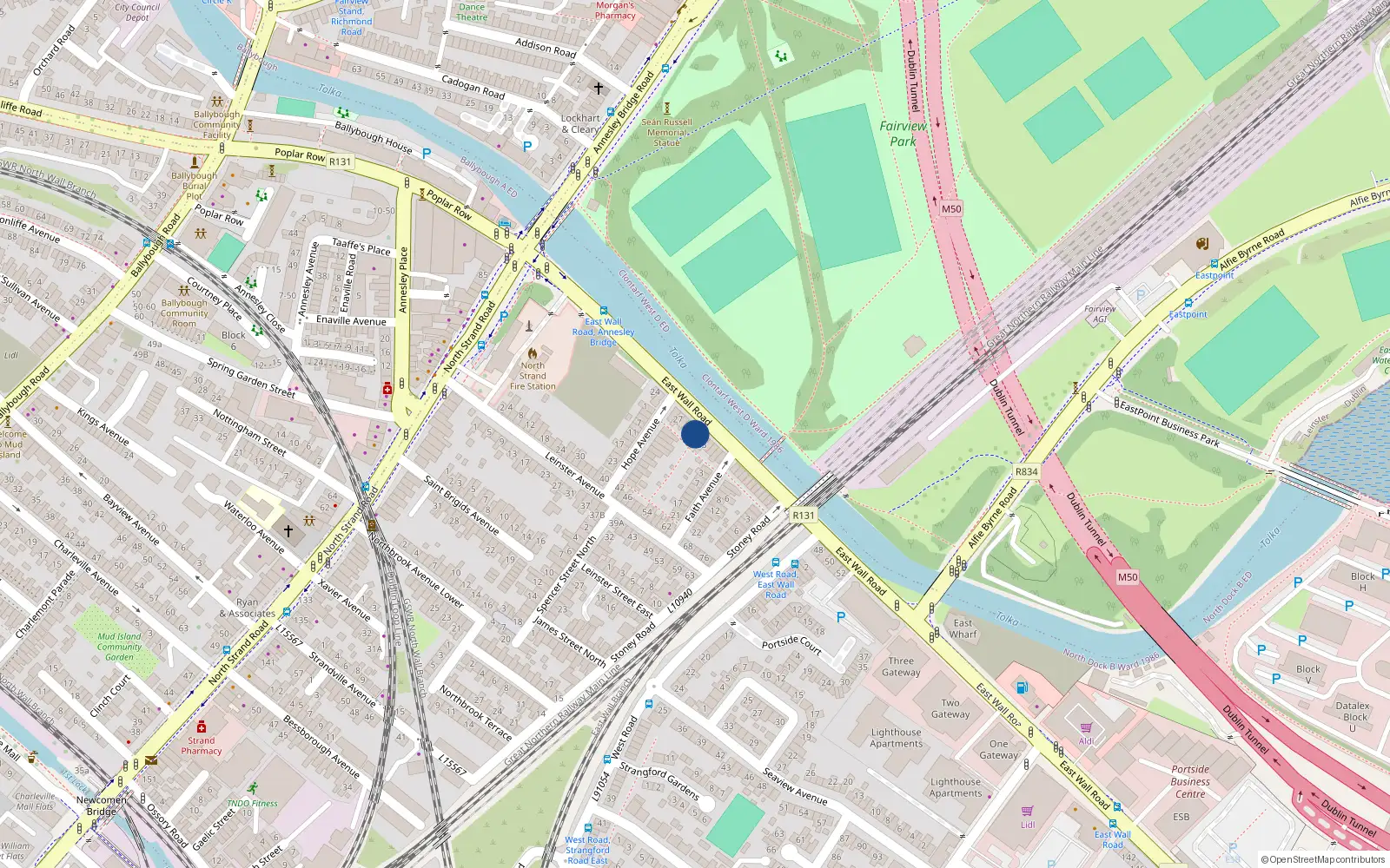 Overhead map showing the location of 31 East Wall Road, Fairview, Dublin 3
