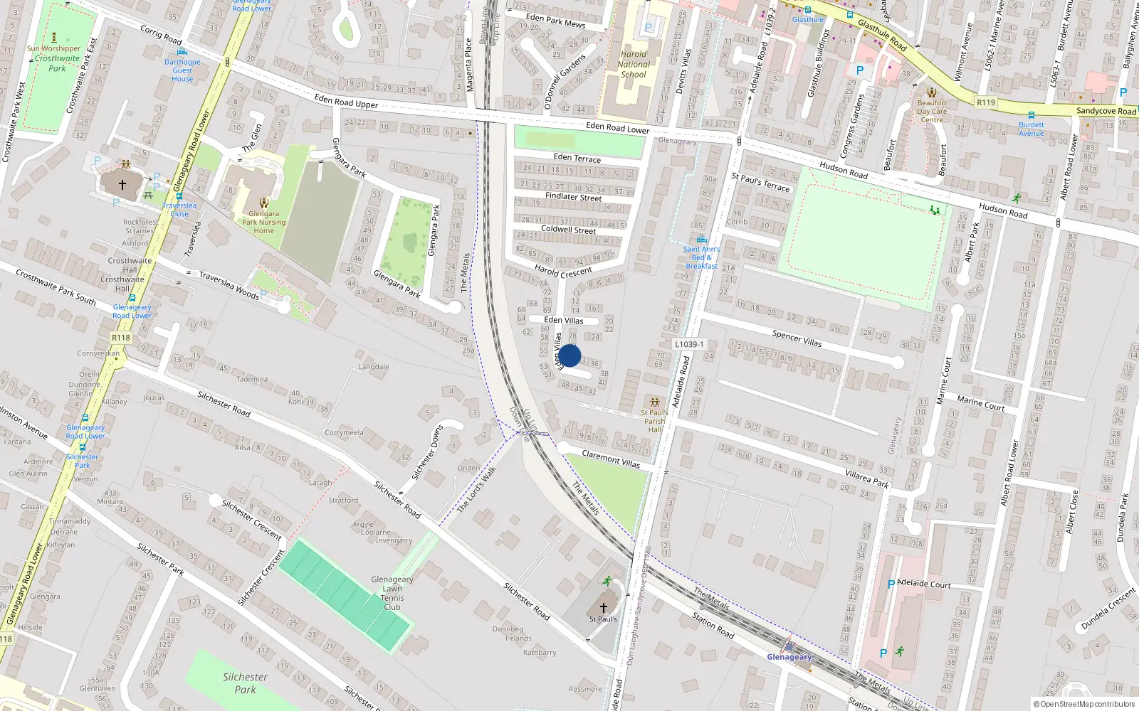 Overhead map showing the location of 31 Edan Villas, Glasthule, Dun Laoghaire