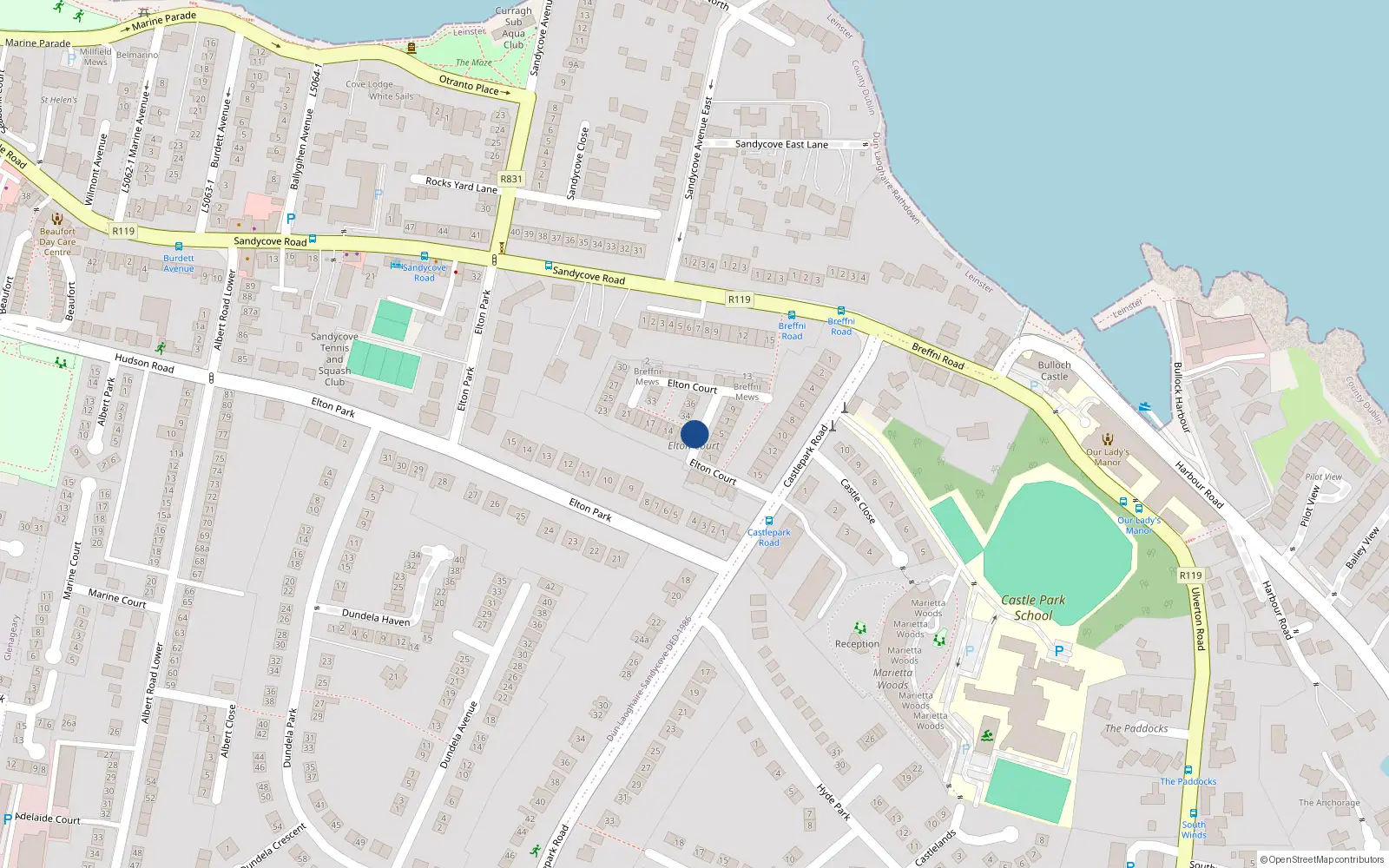 Overhead map showing the location of 31 Elton Court, Dun Laoghaire