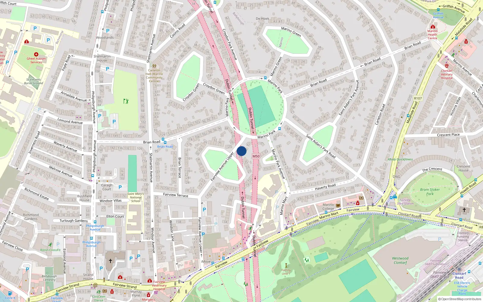 Overhead map showing the location of 31 Fairview Avenue Upper, Dublin 3