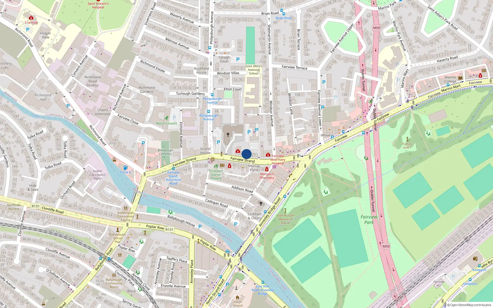 Overhead map showing the location of 31 Fairview Strand, Dublin 3