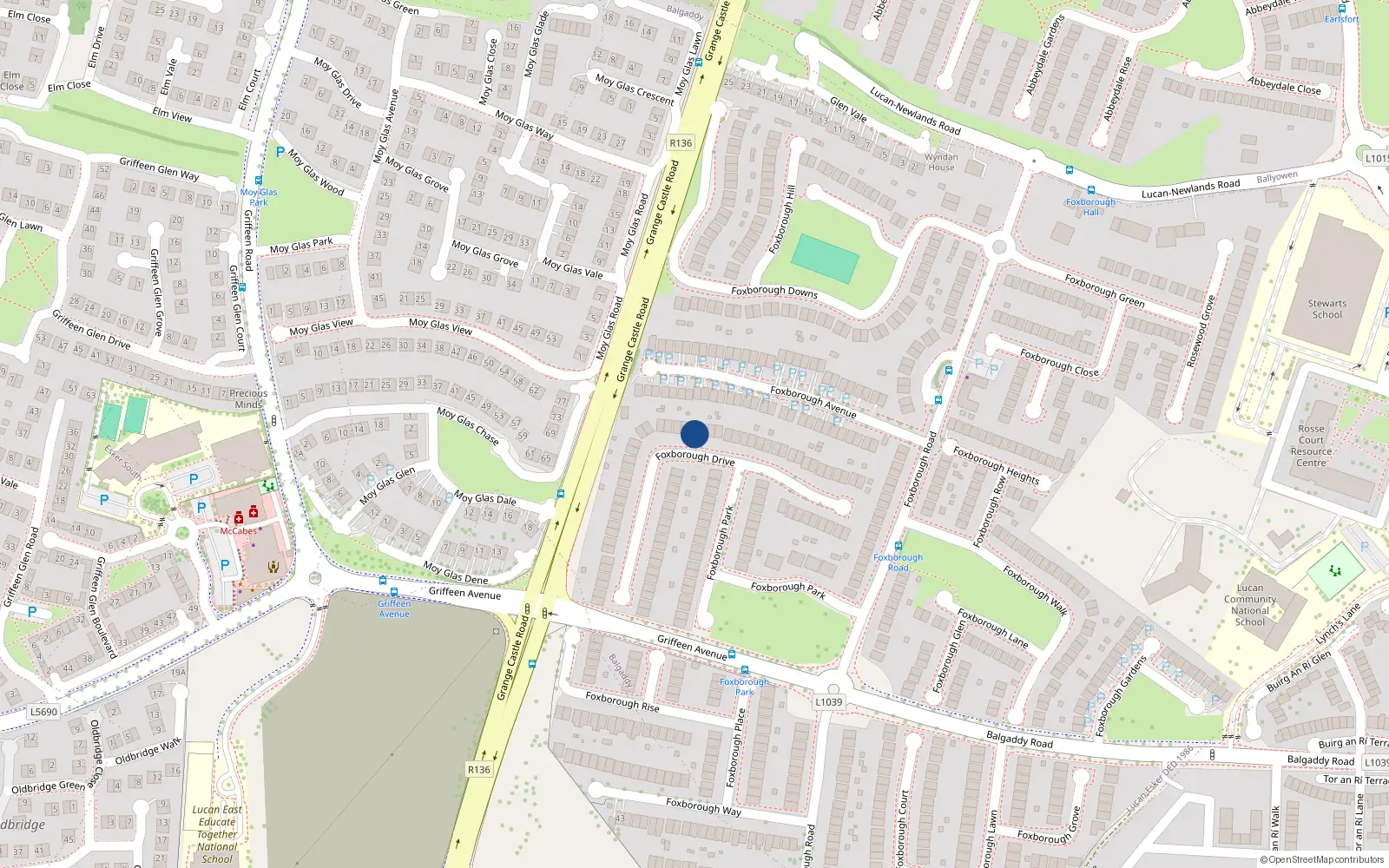 Overhead map showing the location of 31 Foxborough Drive, Lucan, Dublin
