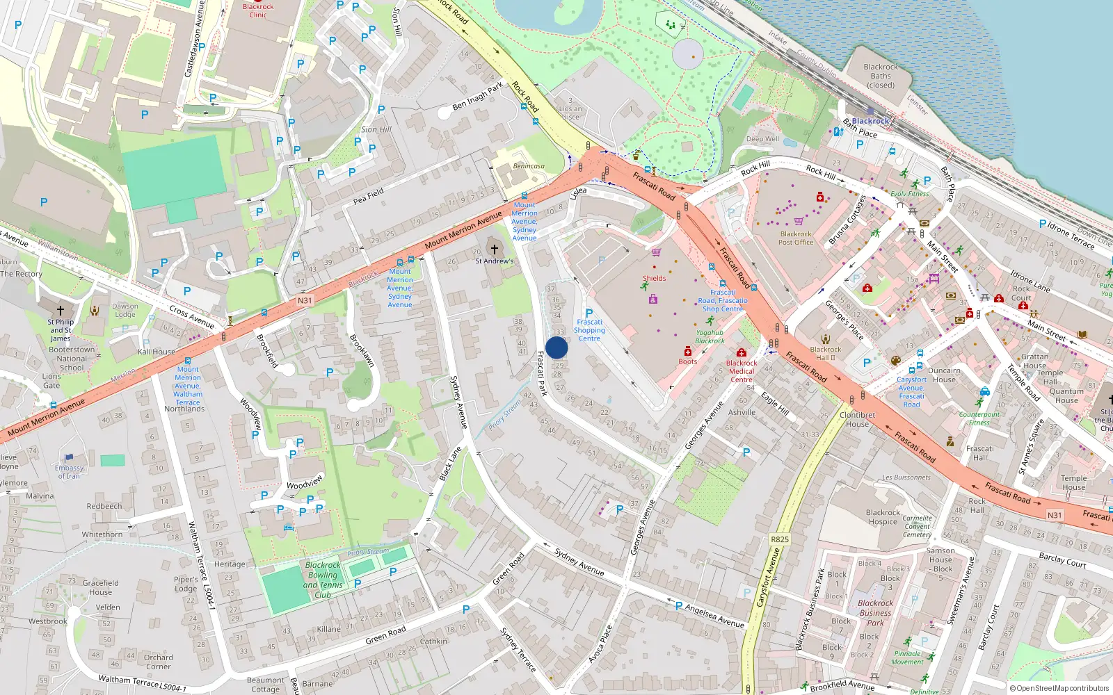 Overhead map showing the location of 31 Frascati Park, Blackrock, Dublin