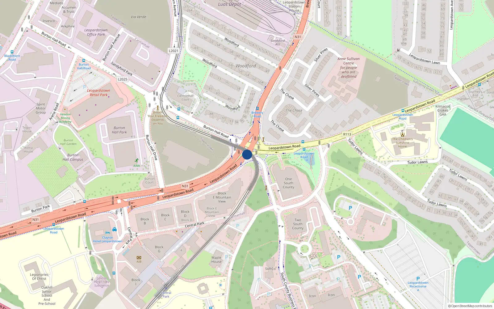 Overhead map showing the location of 31 Glenbourne Road, Leopardstown Road, Leopardstown