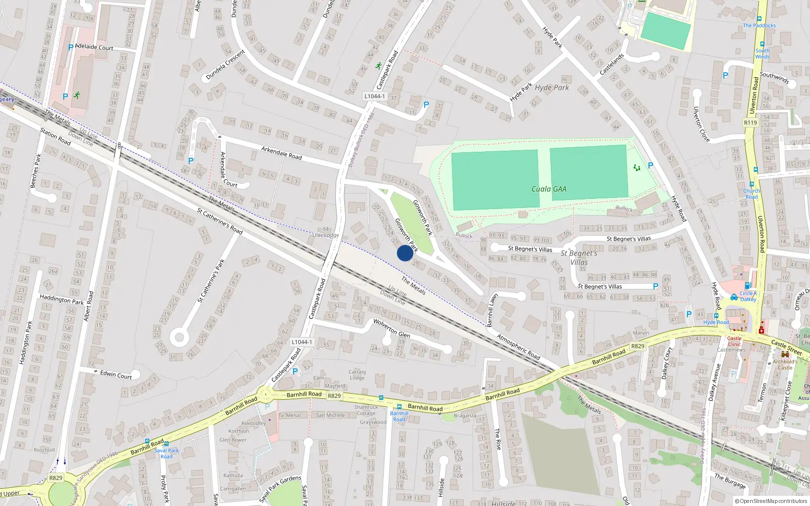 Overhead map showing the location of 31 Gosworth Park, Sandycove