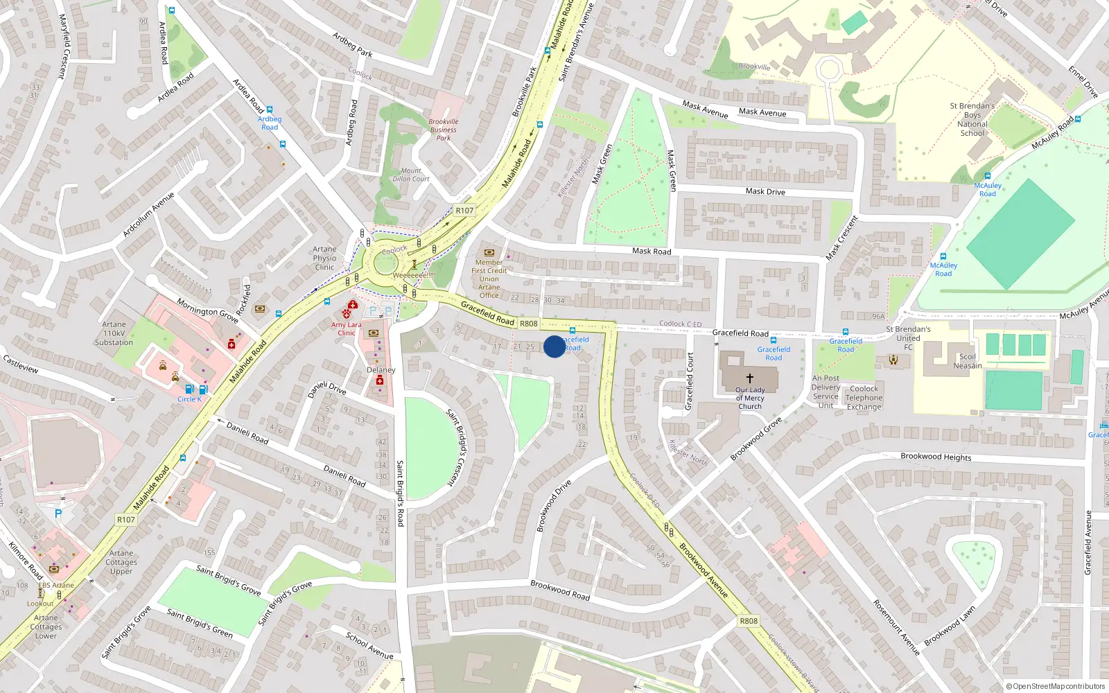 Overhead map showing the location of 31 Gracefield Road, Dublin 5