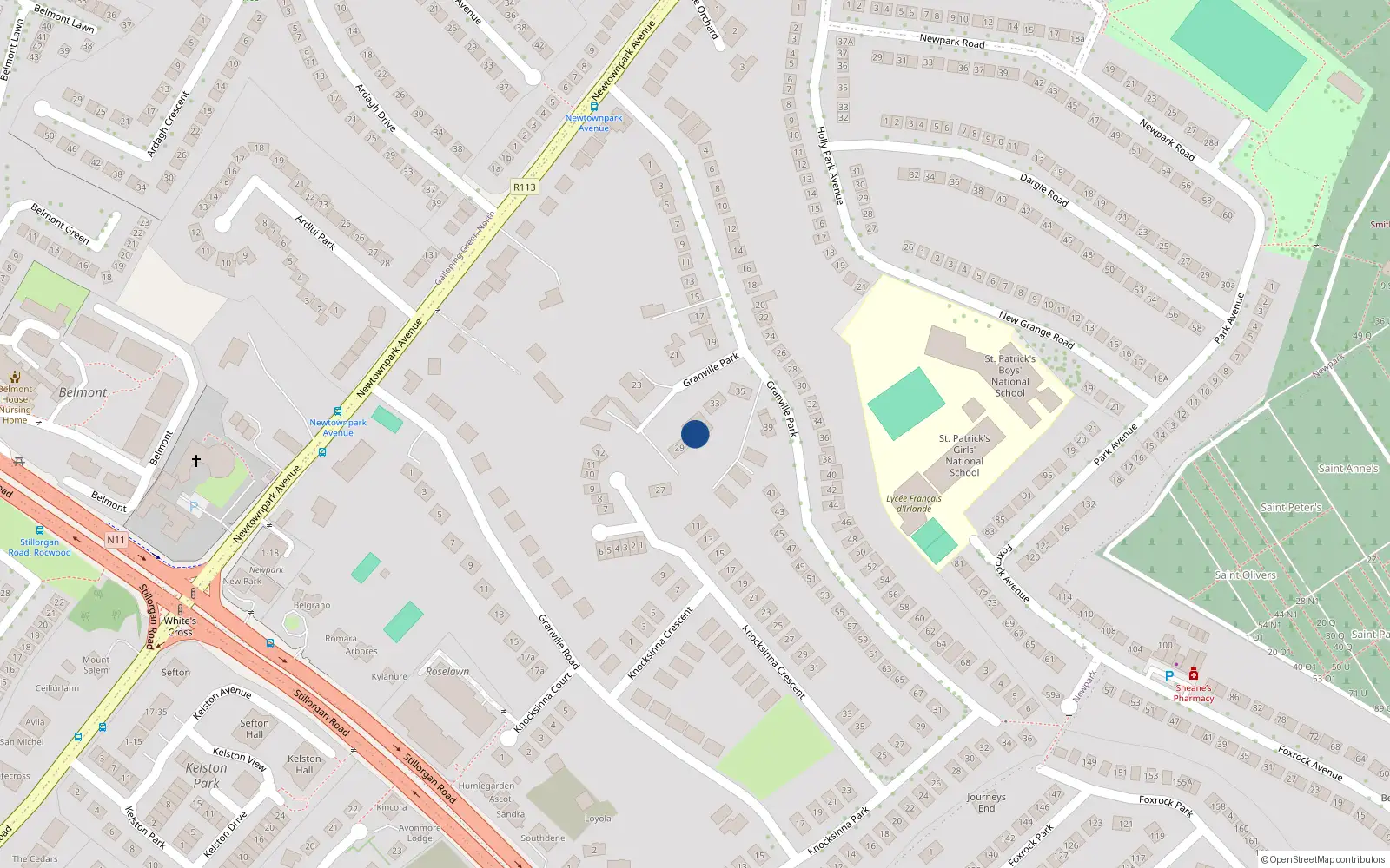 Overhead map showing the location of 31 Granville Park, Blackrock