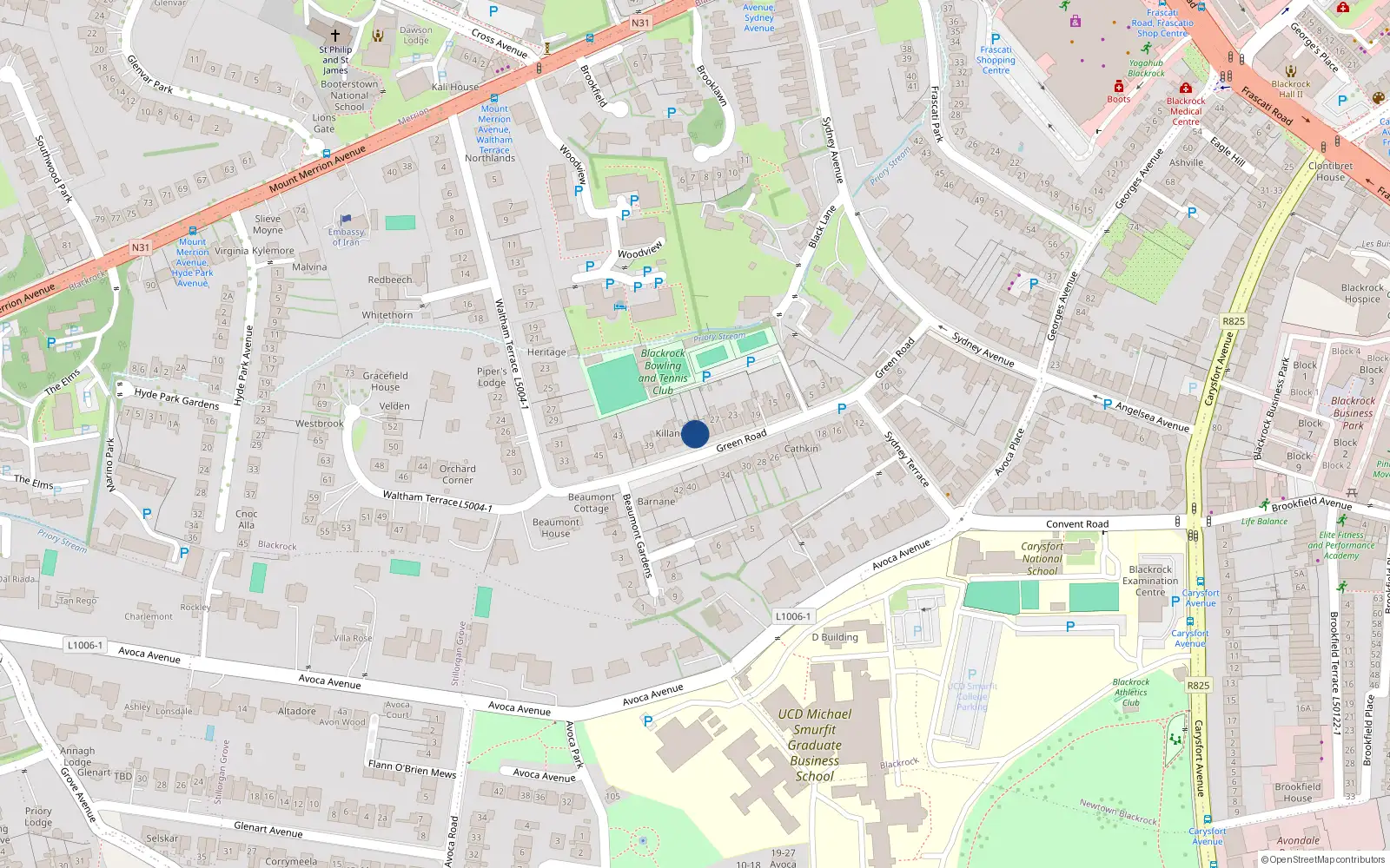 Overhead map showing the location of 31 Green Road, Blackrock