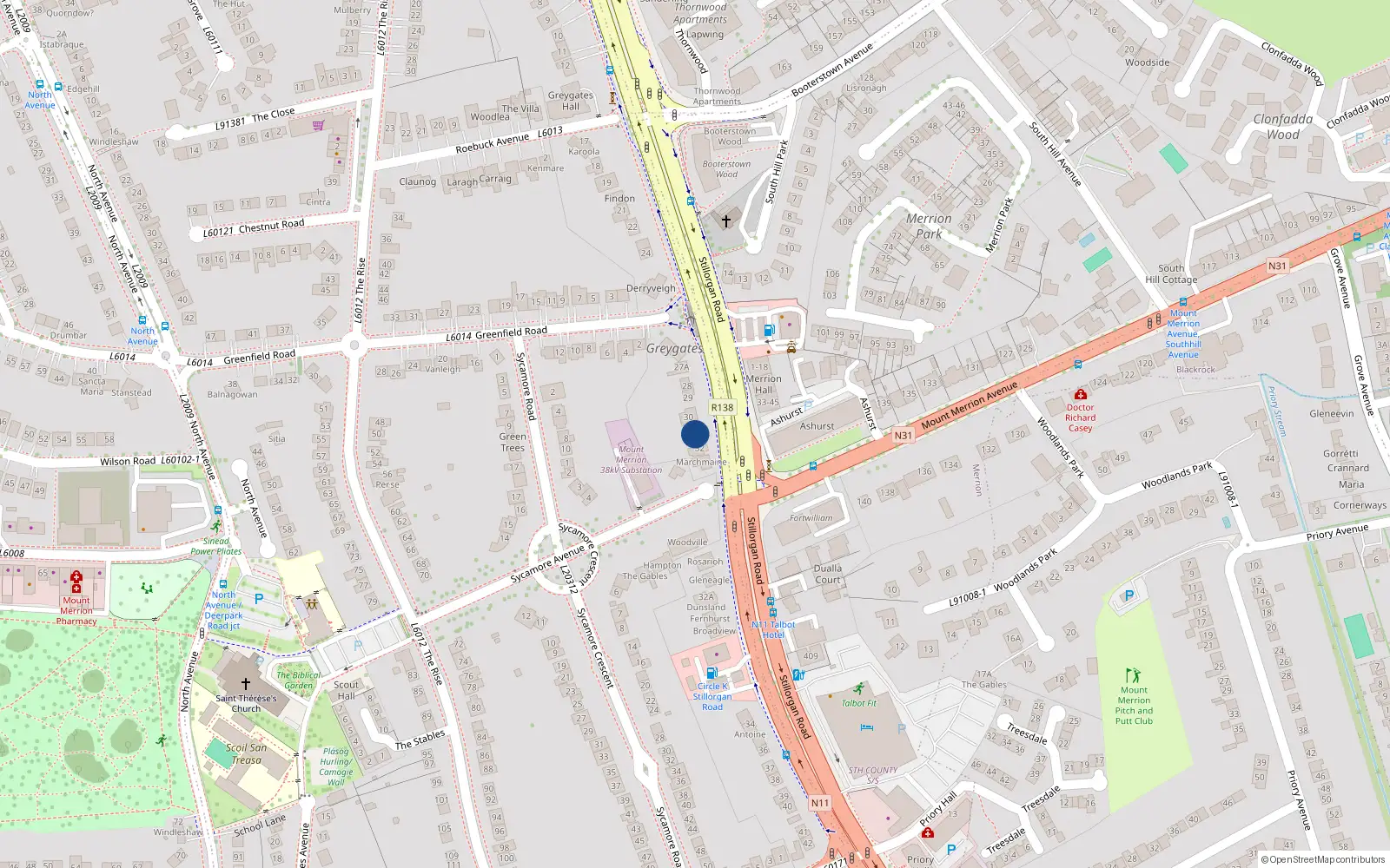 Overhead map showing the location of 31, Greygates, Mount Merrion, Stillorgan-Mount Merrion DED 1986, Blackrock, Dún Laoghaire-Rathdown
