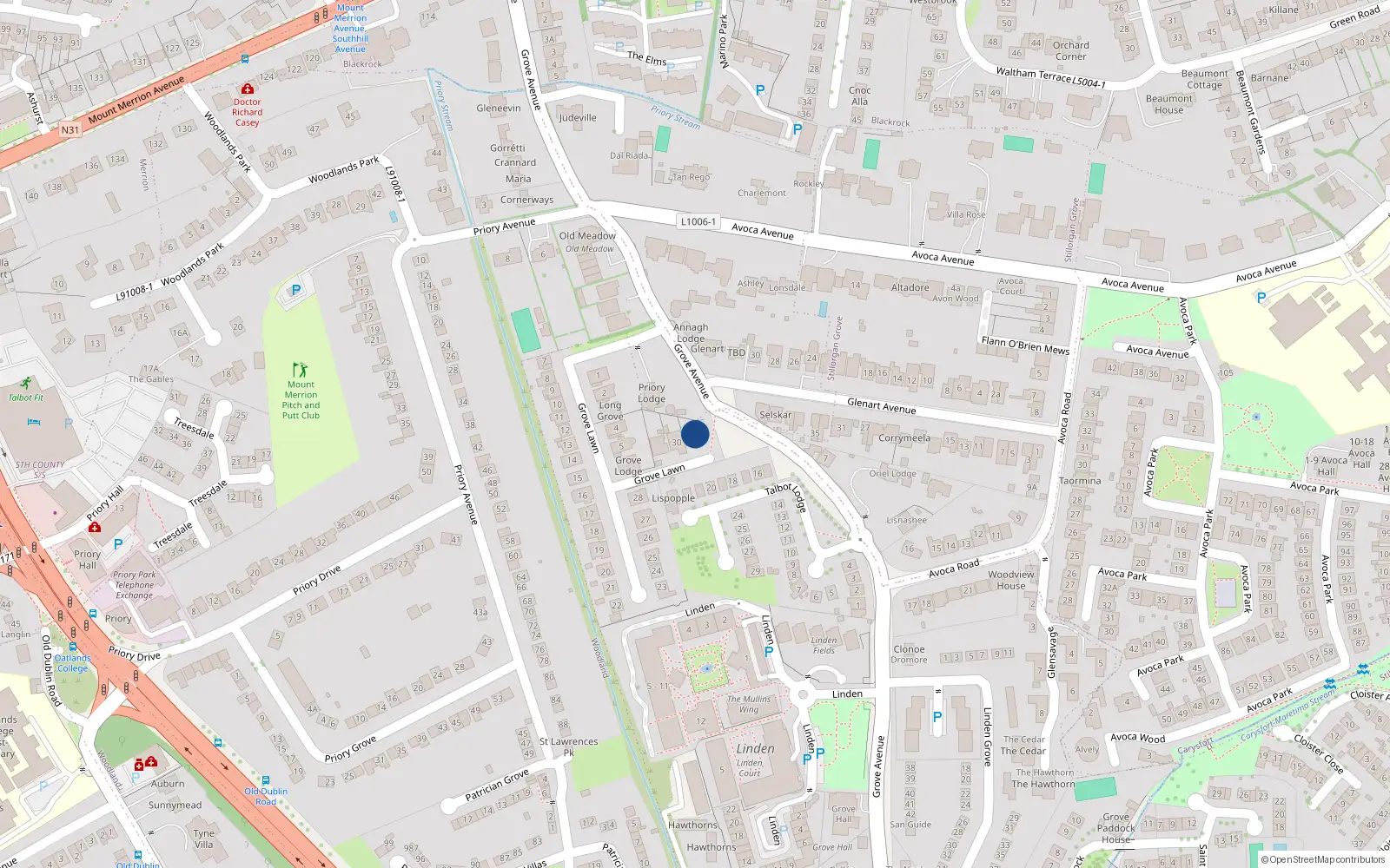 Overhead map showing the location of 31 Grove Lawn, Blackrock