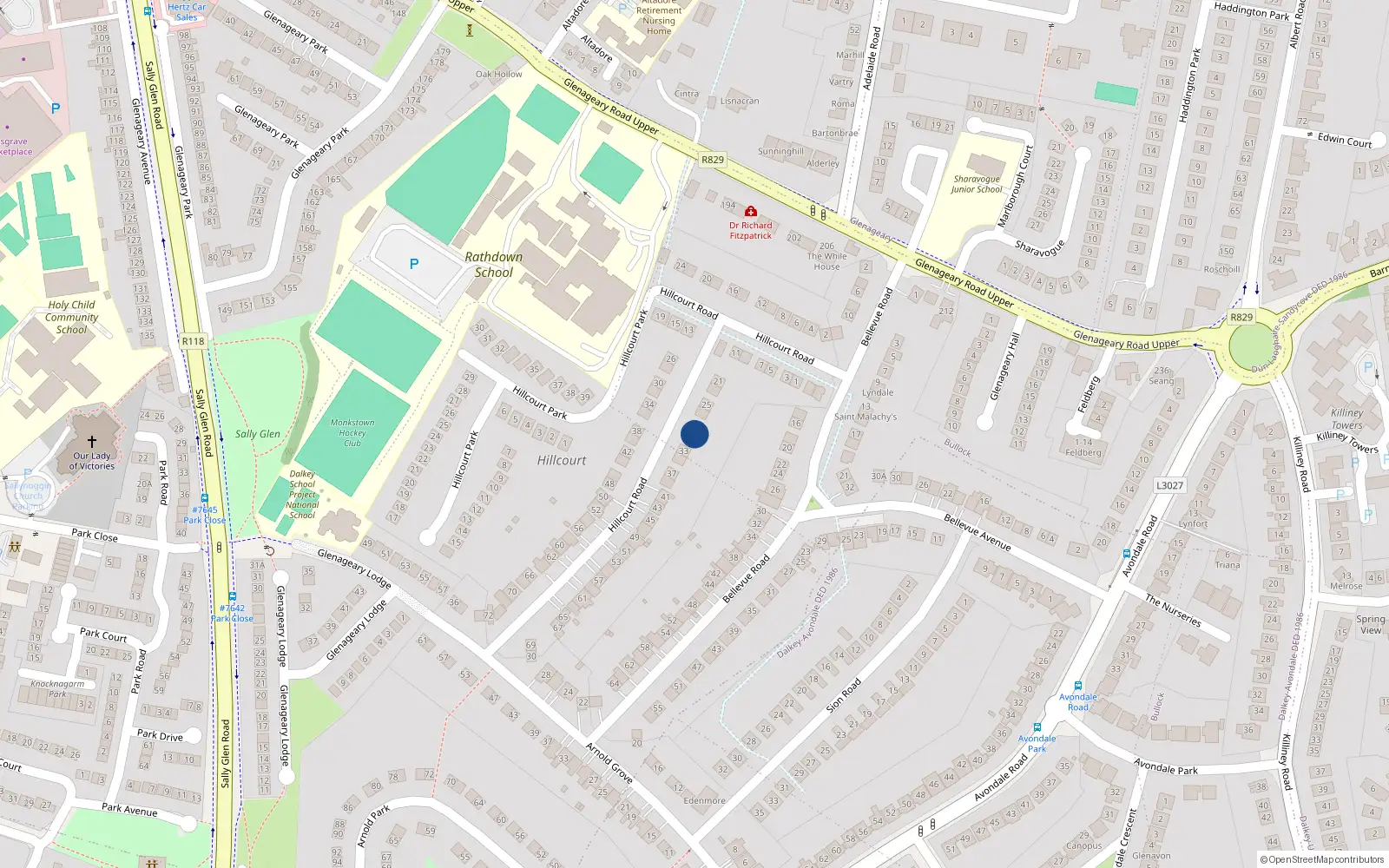 Overhead map showing the location of 31 Hillcourt Road, Dublin