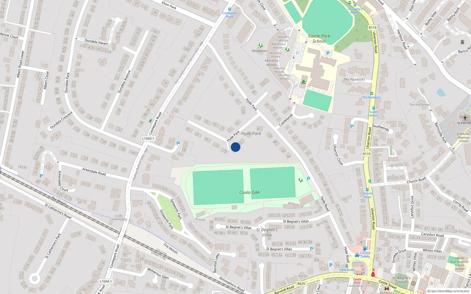 Overhead map showing the location of 31 Hyde Park, Dalkey, Dublin