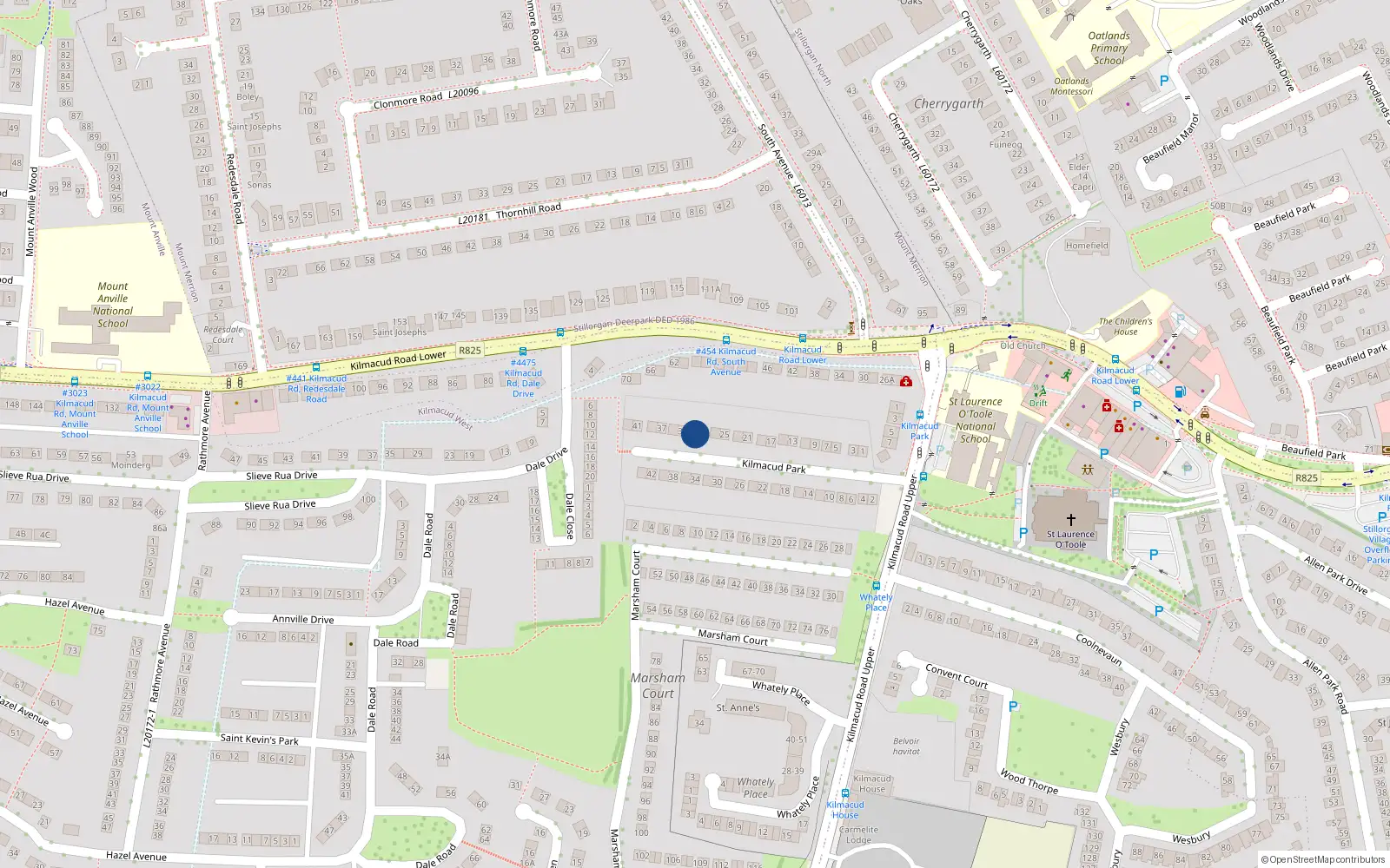Overhead map showing the location of 31 Kilmacud Park, Blackrock