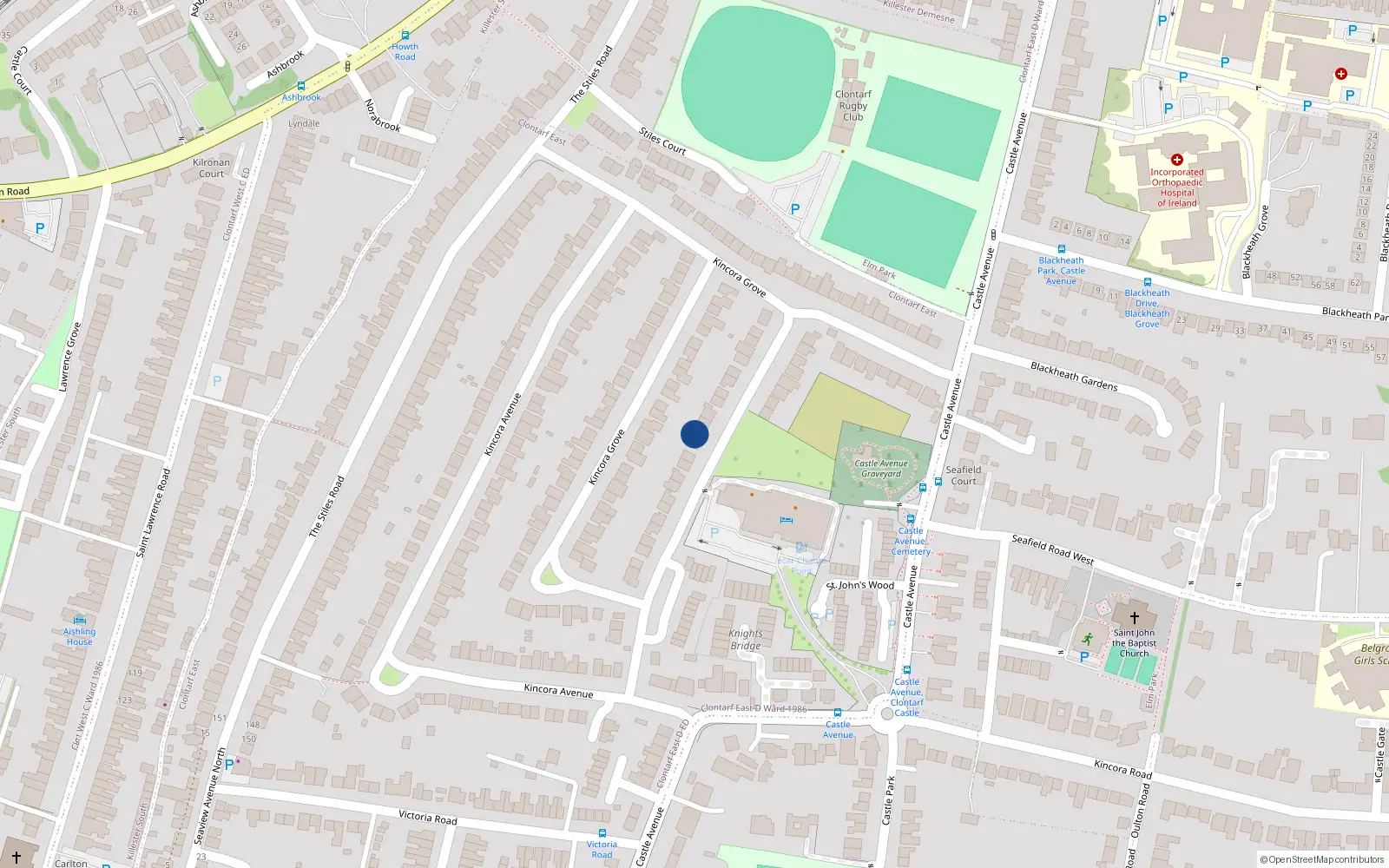Overhead map showing the location of 31 Kincoragrove, Clontarf, Dublin 3
