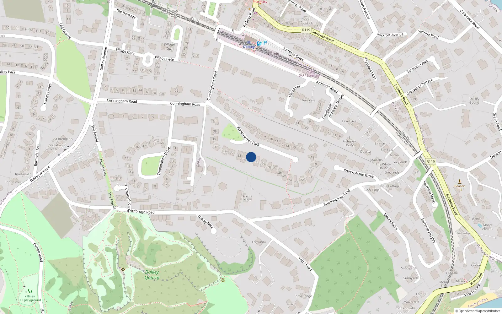 Overhead map showing the location of 31 Knock-Na-Cree Park,, Dalkey