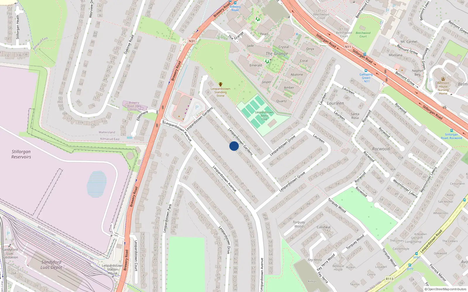 Overhead map showing the location of 31 Leopardstown Gardens, Blackrock, Dublin