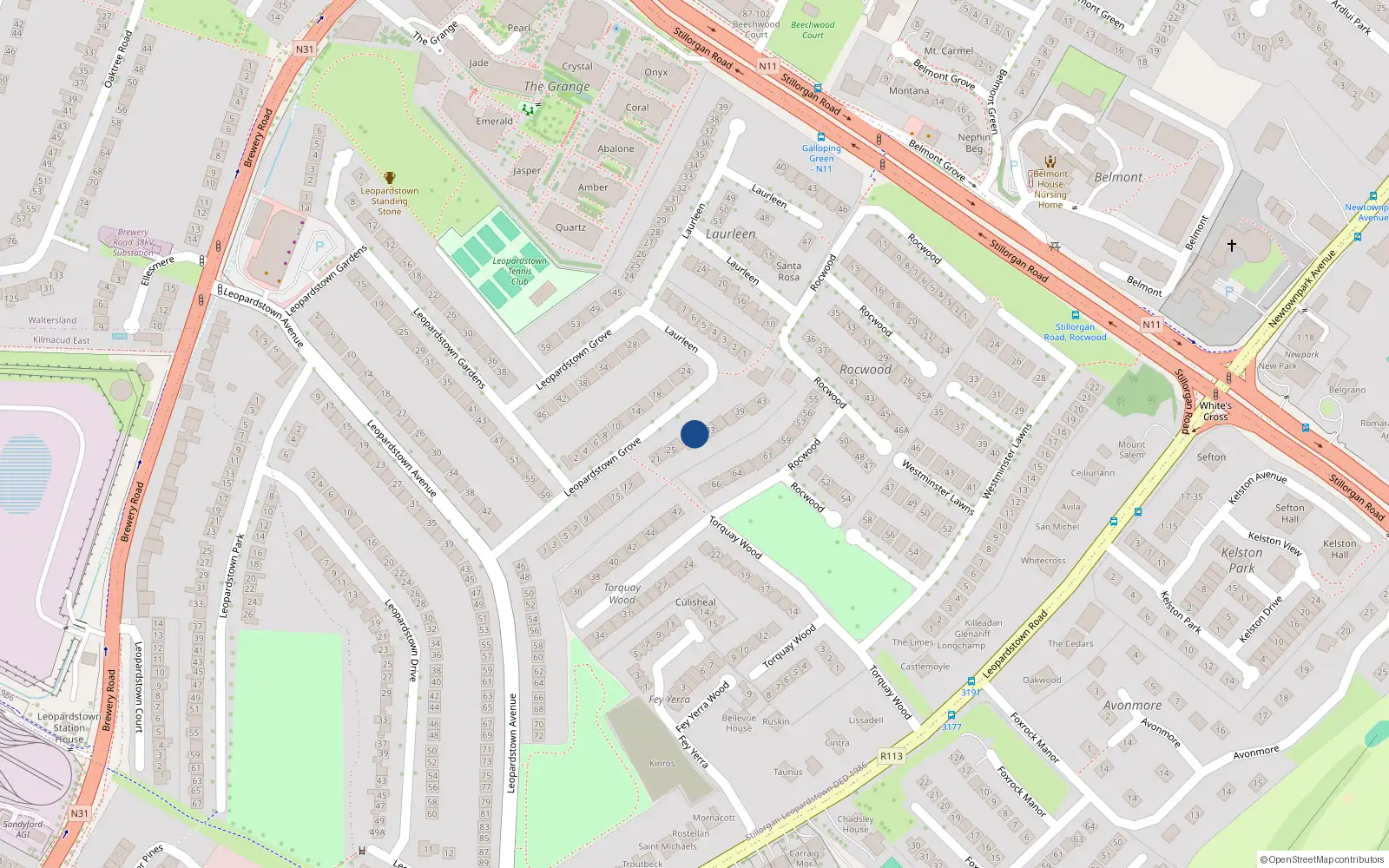 Overhead map showing the location of 31 Leopardstown Grove, Blackrock, Dublin