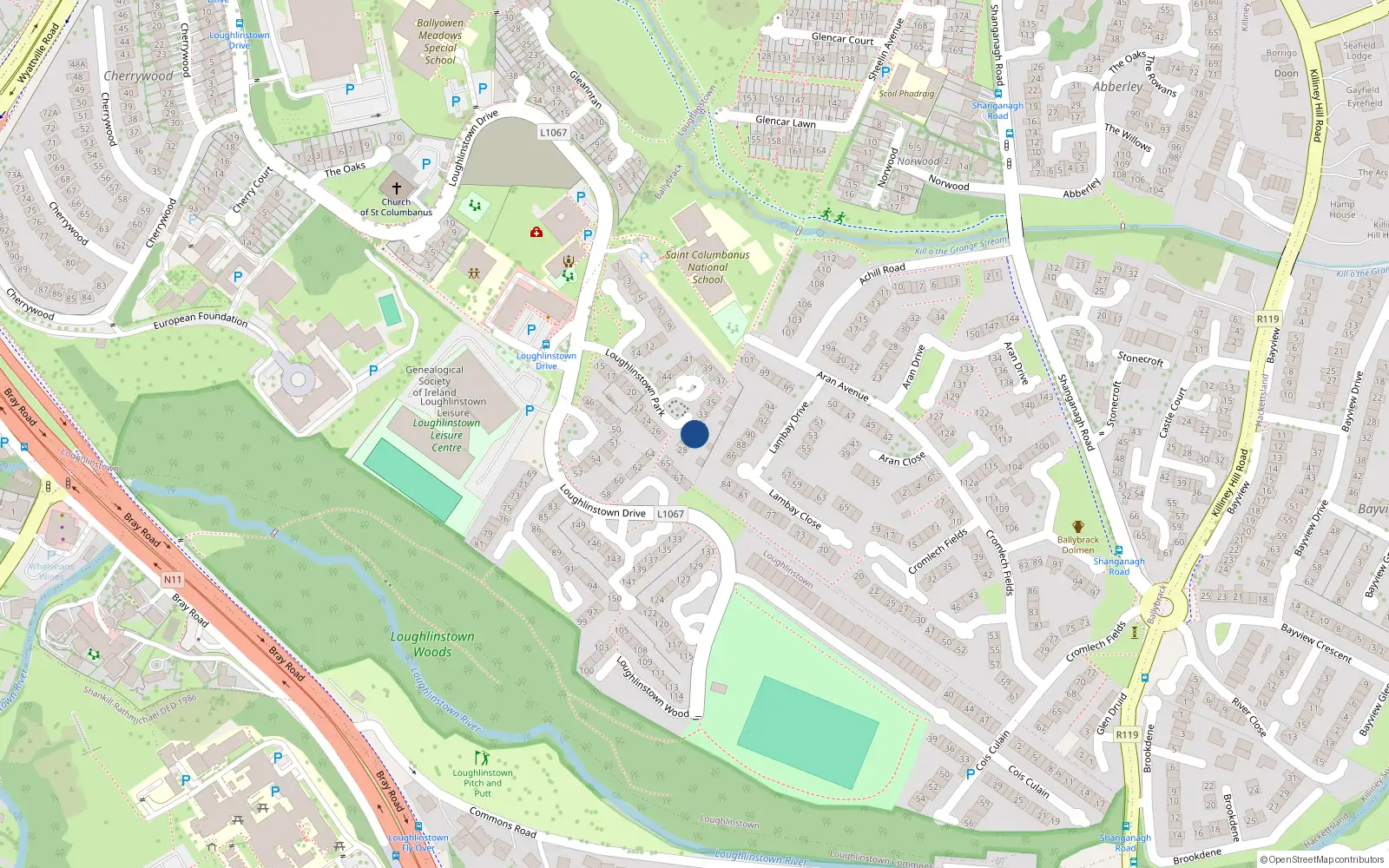 Overhead map showing the location of 31 Loughlinstown Park, Dublin
