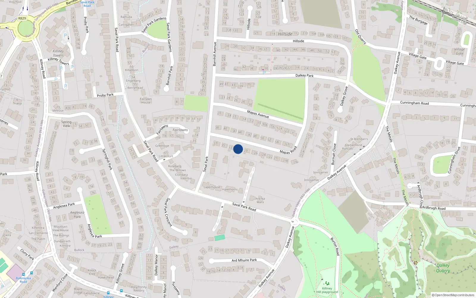Overhead map showing the location of 31 Mapas Road, Dalkey, Co Dublin