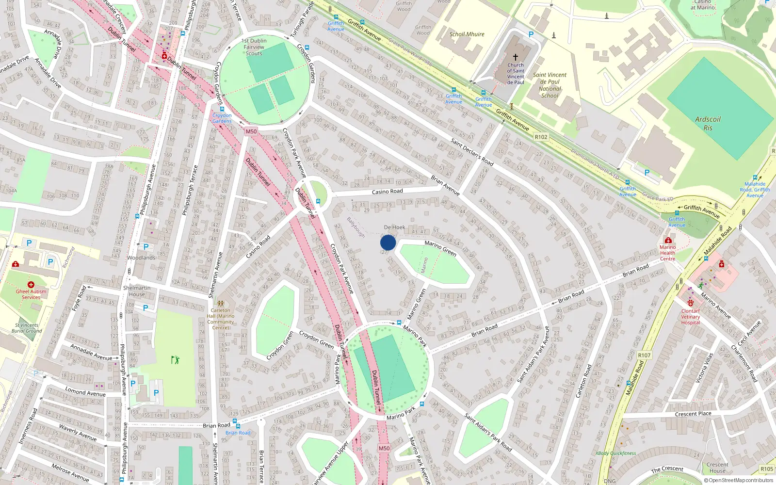 Overhead map showing the location of 31 Marino Green, Dublin 3