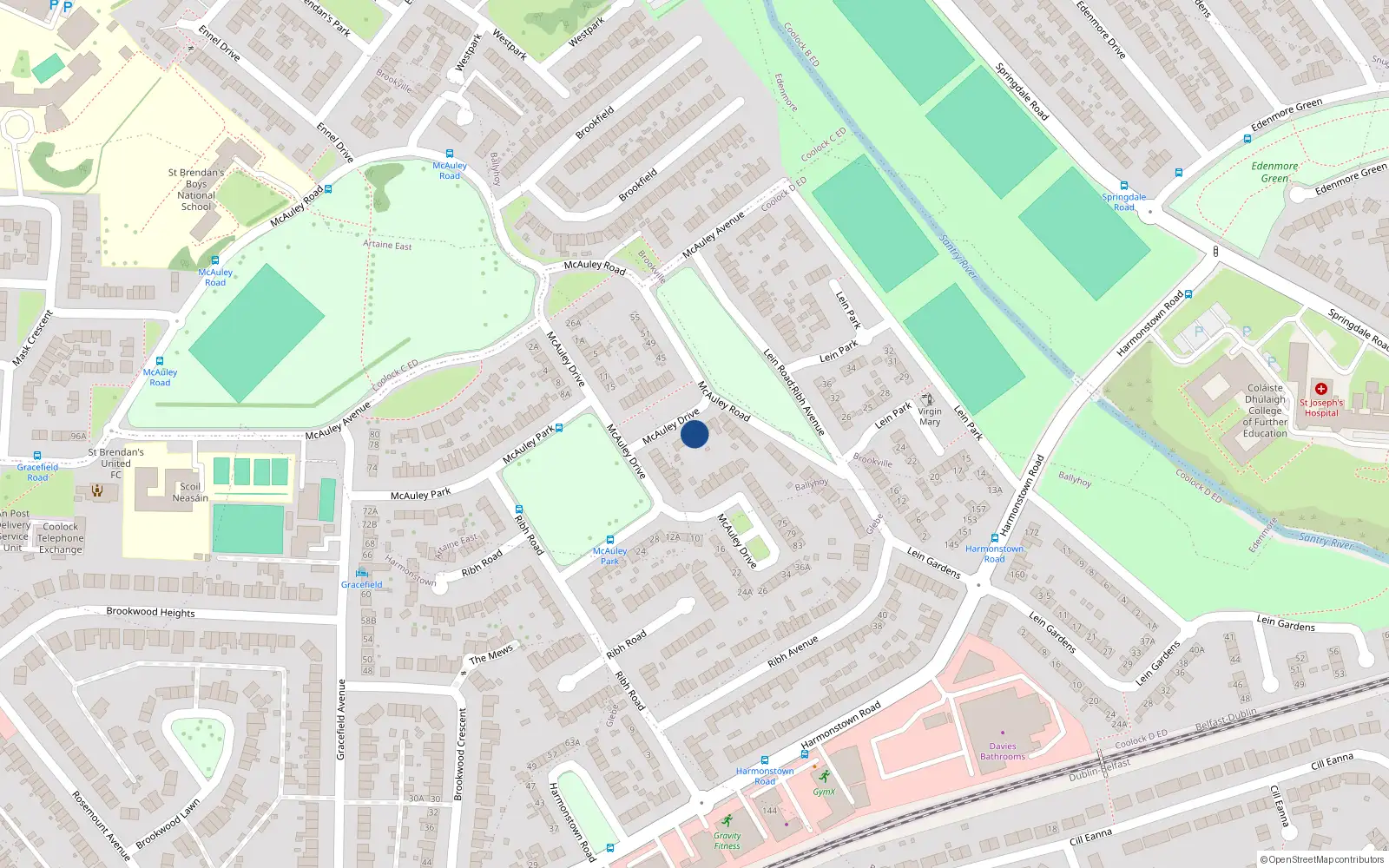 Overhead map showing the location of 31 Mc Auley Drive, Artane, Dublin 5