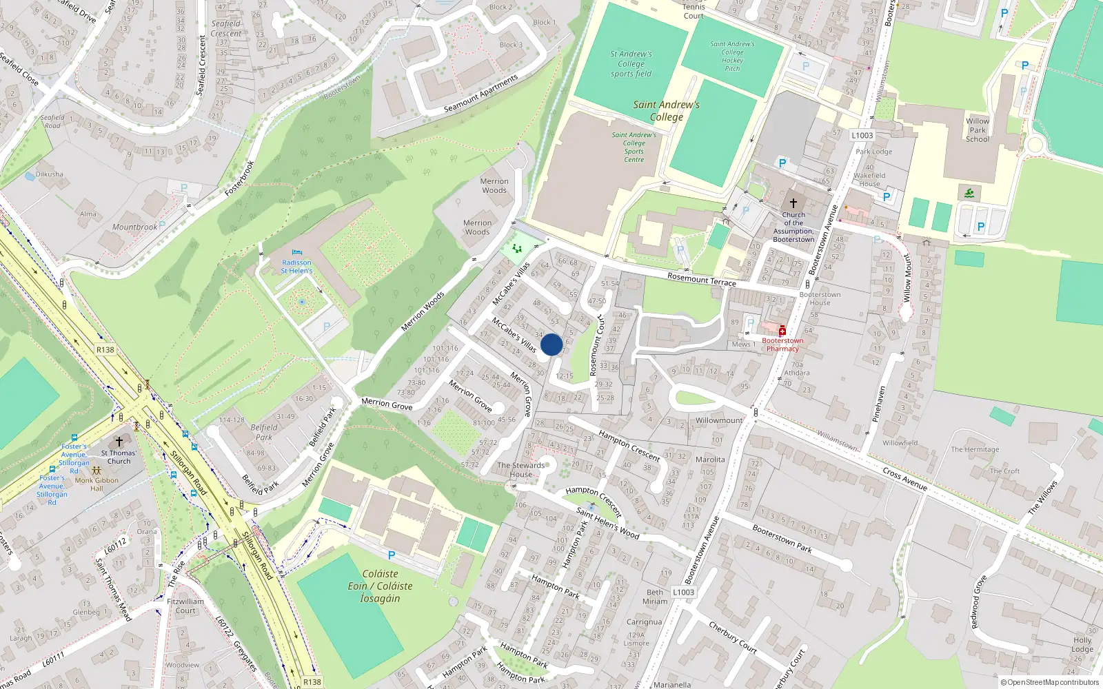 Overhead map showing the location of 31 McCabe's Villas, Booterstown