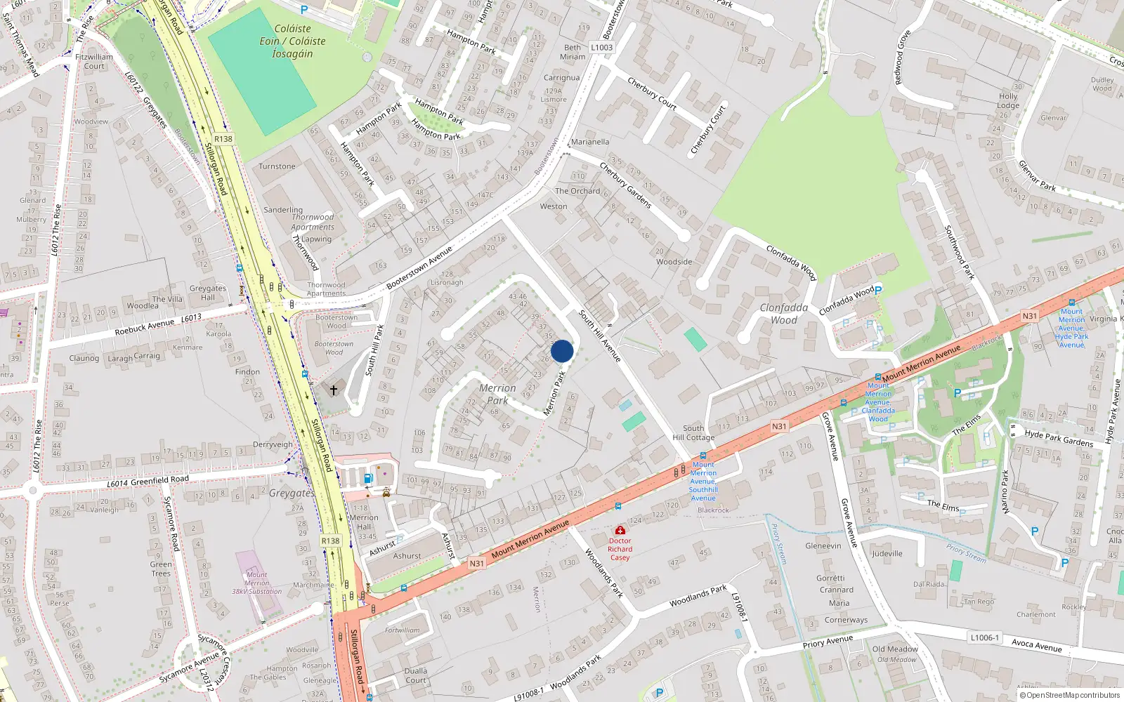 Overhead map showing the location of 31 Merrion Park, Blackrock