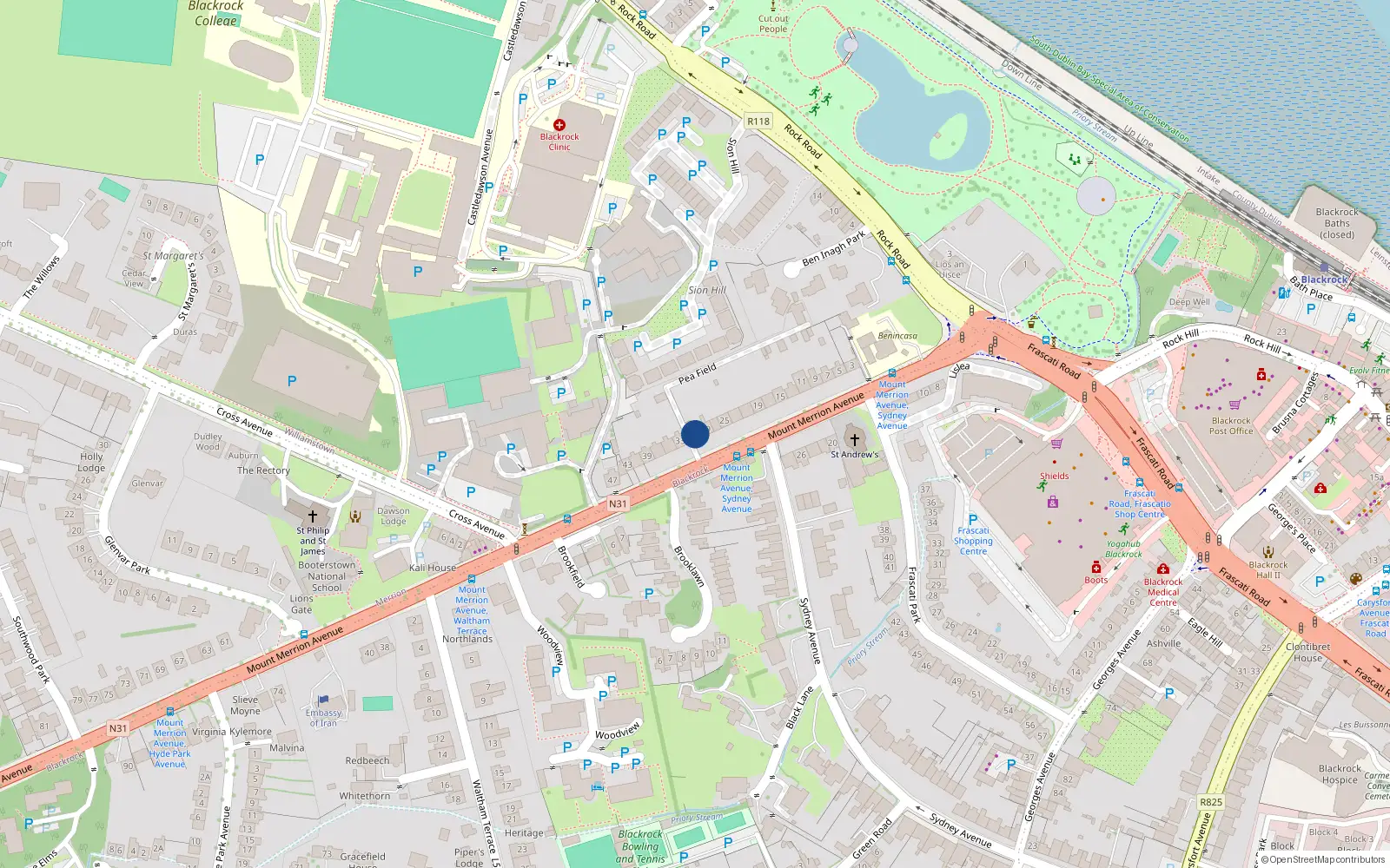 Overhead map showing the location of 31 Mount Merrion Avenue, Blackrock