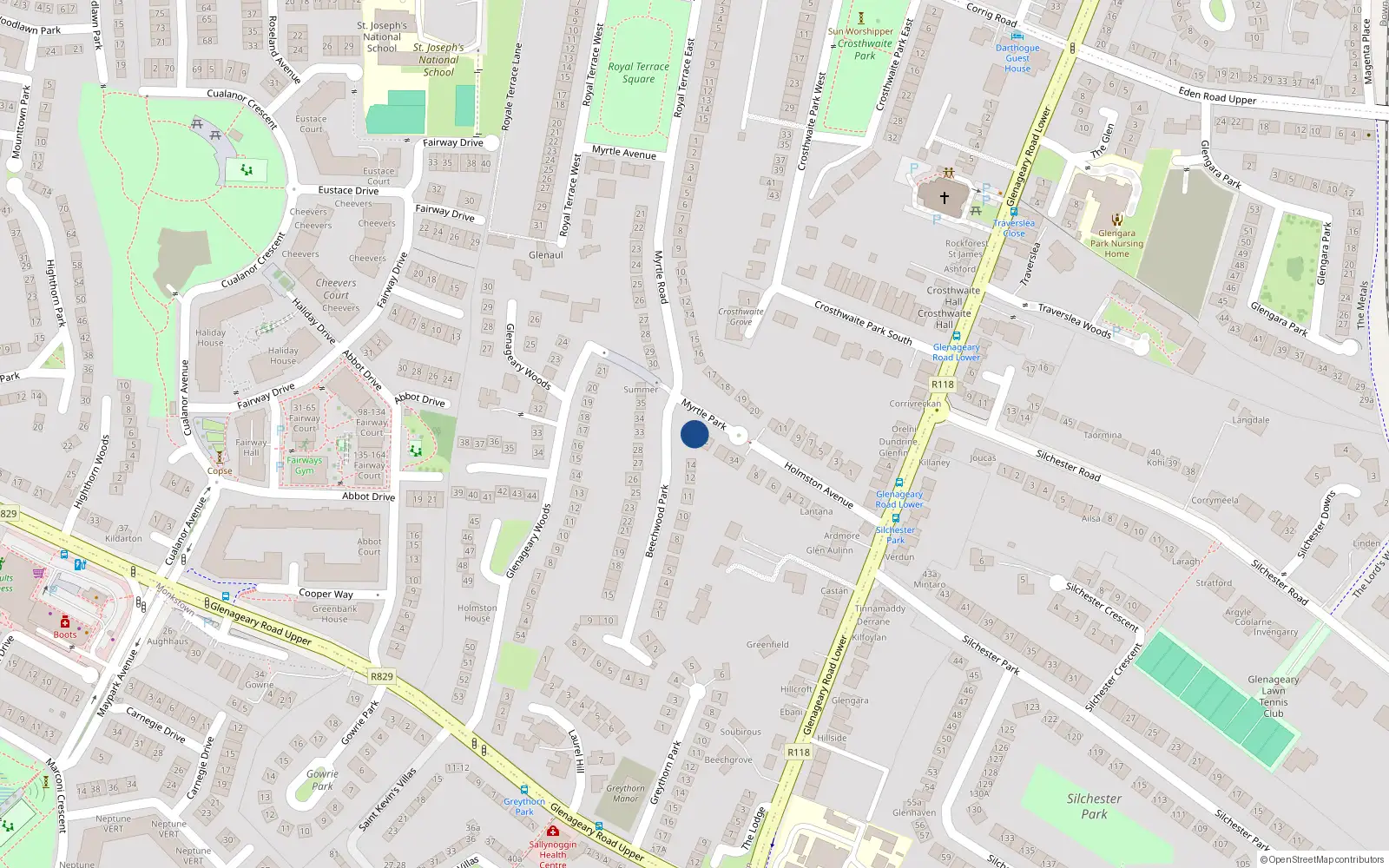 Overhead map showing the location of 31 Myrtle Park, Dun Laoghaire, Dublin
