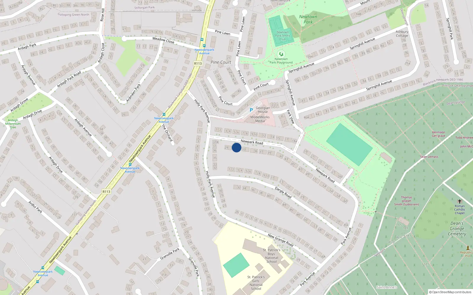 Overhead map showing the location of 31 New Park Road, Blackrock