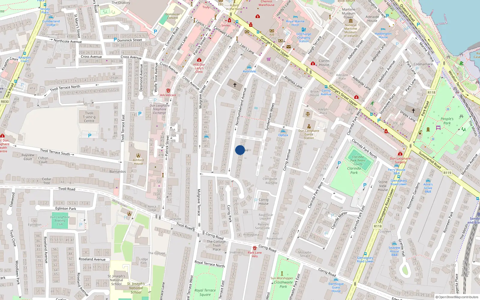 Overhead map showing the location of 31 Northumberland Avenue, Dun Laoghaire, Dublin