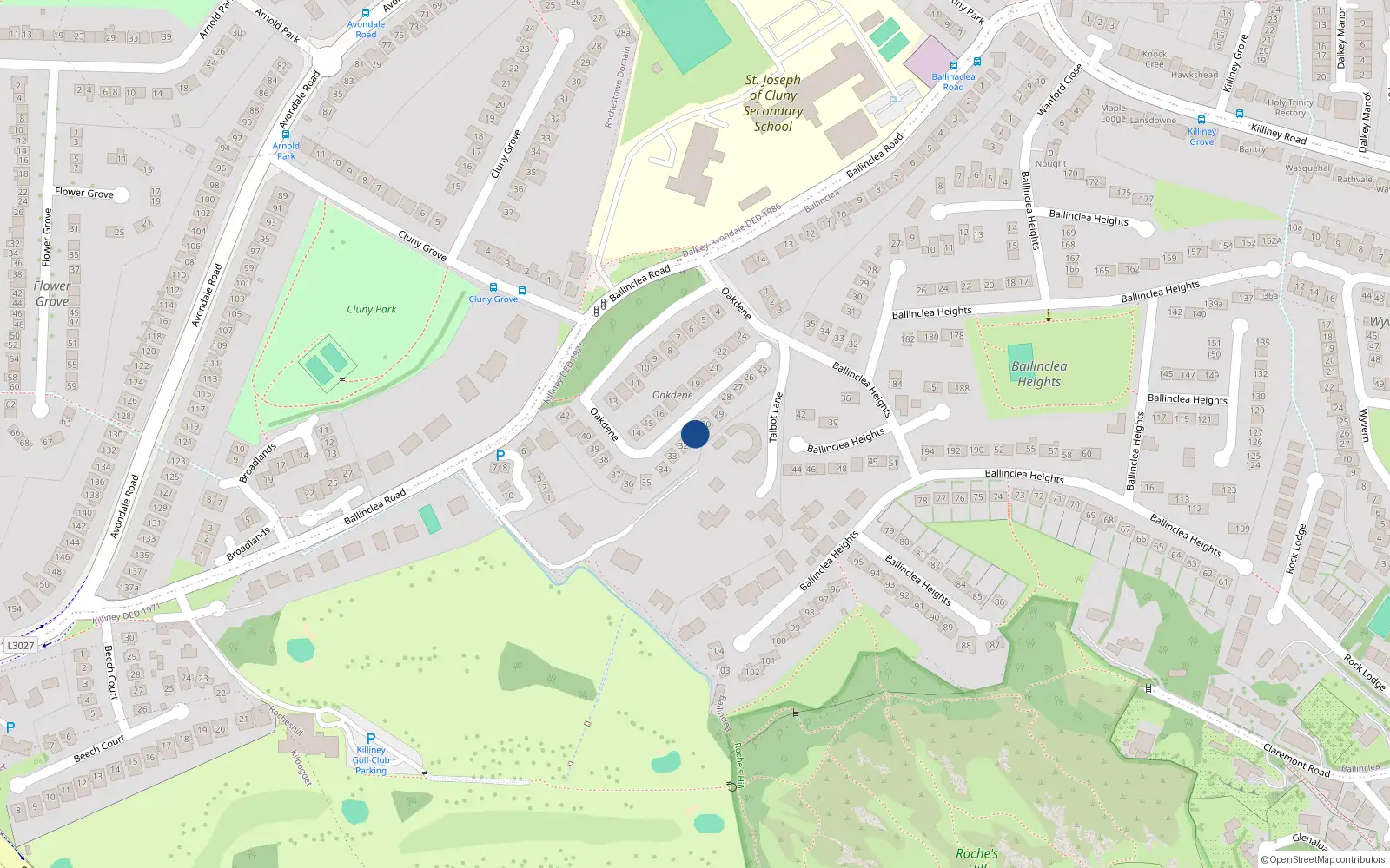 Overhead map showing the location of 31 Oakdene, Ballinclea Road, Killiney