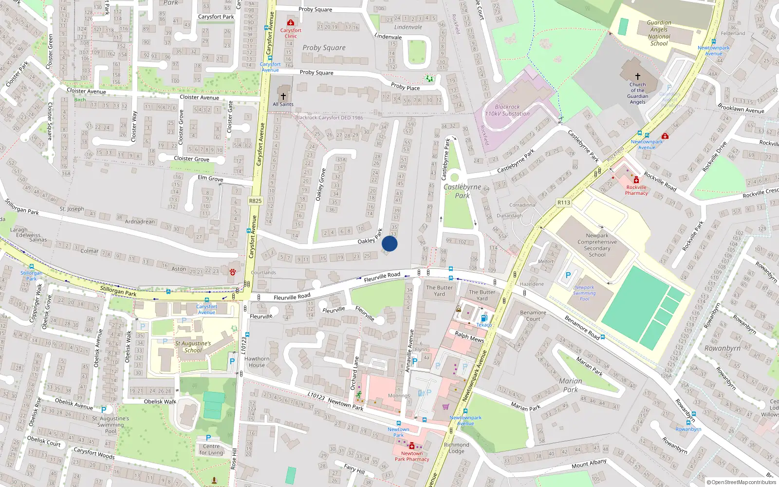 Overhead map showing the location of 31 Oakley Park, Blackrock, Dublin